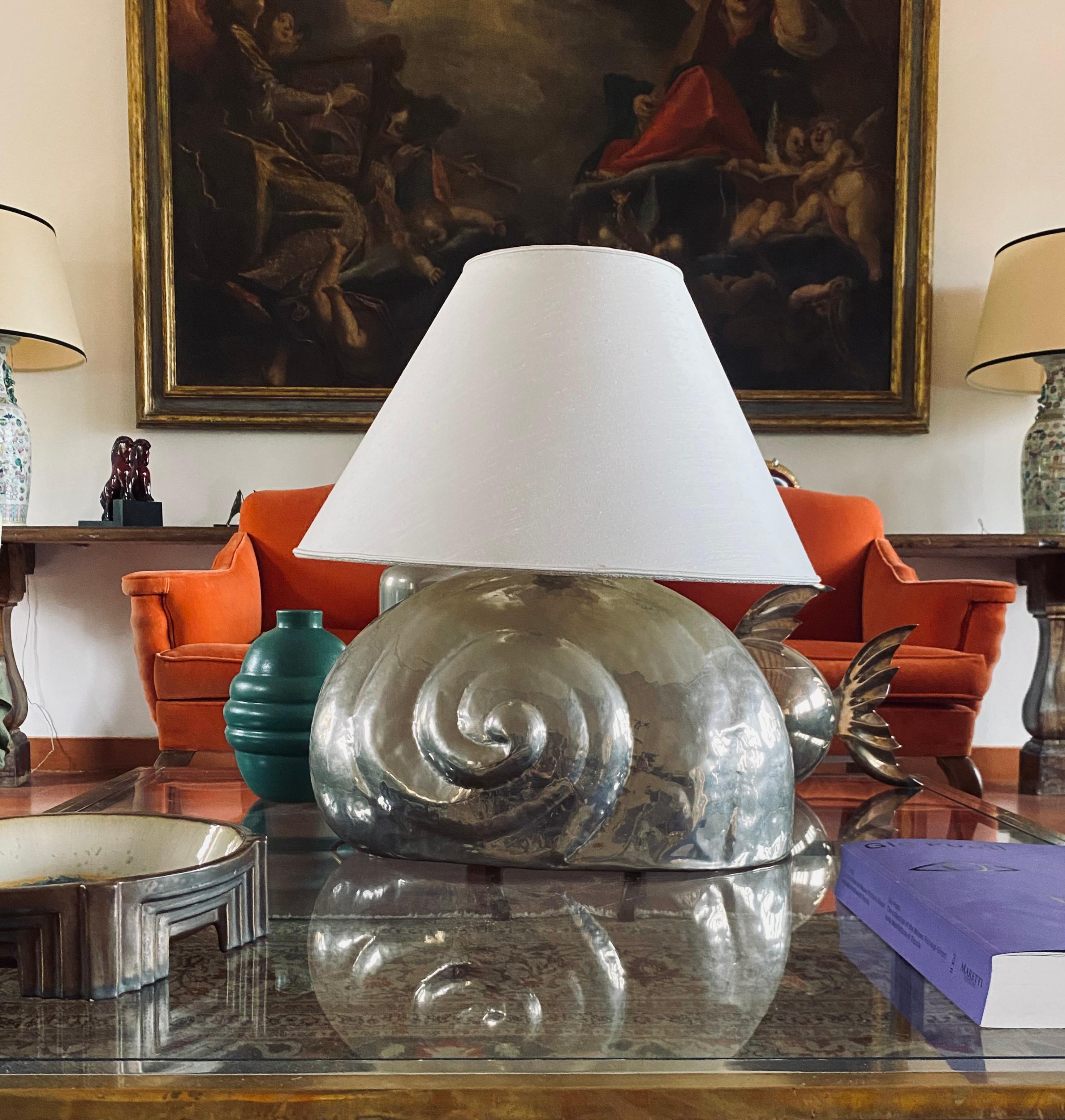 Nautilus shell silverplate table lamp base, France 1970s 2