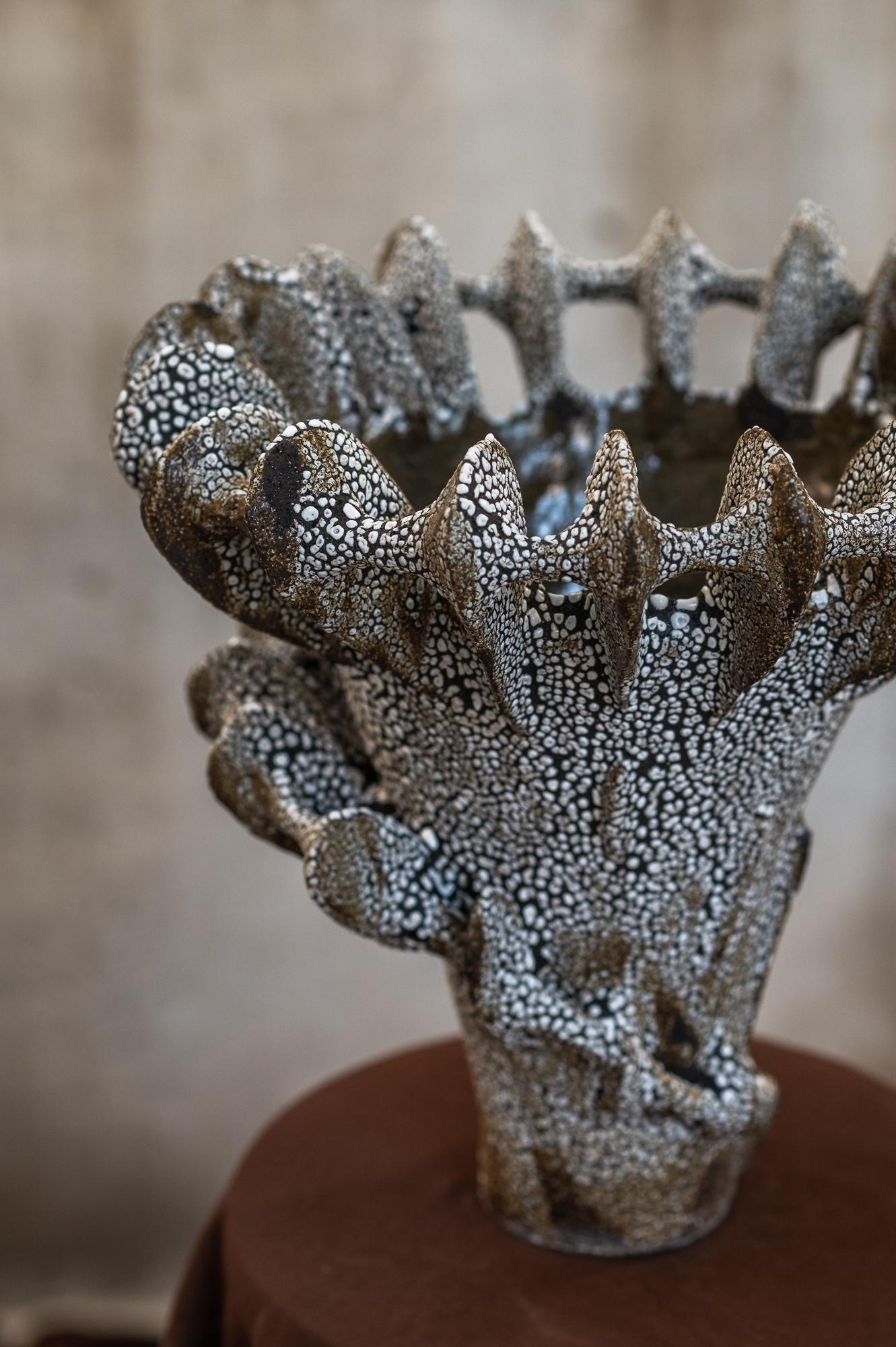 XXI secolo e contemporaneo Vaso Nautilus in argilla nera con smaltatura a strisce di Kallia Panopoulou in vendita