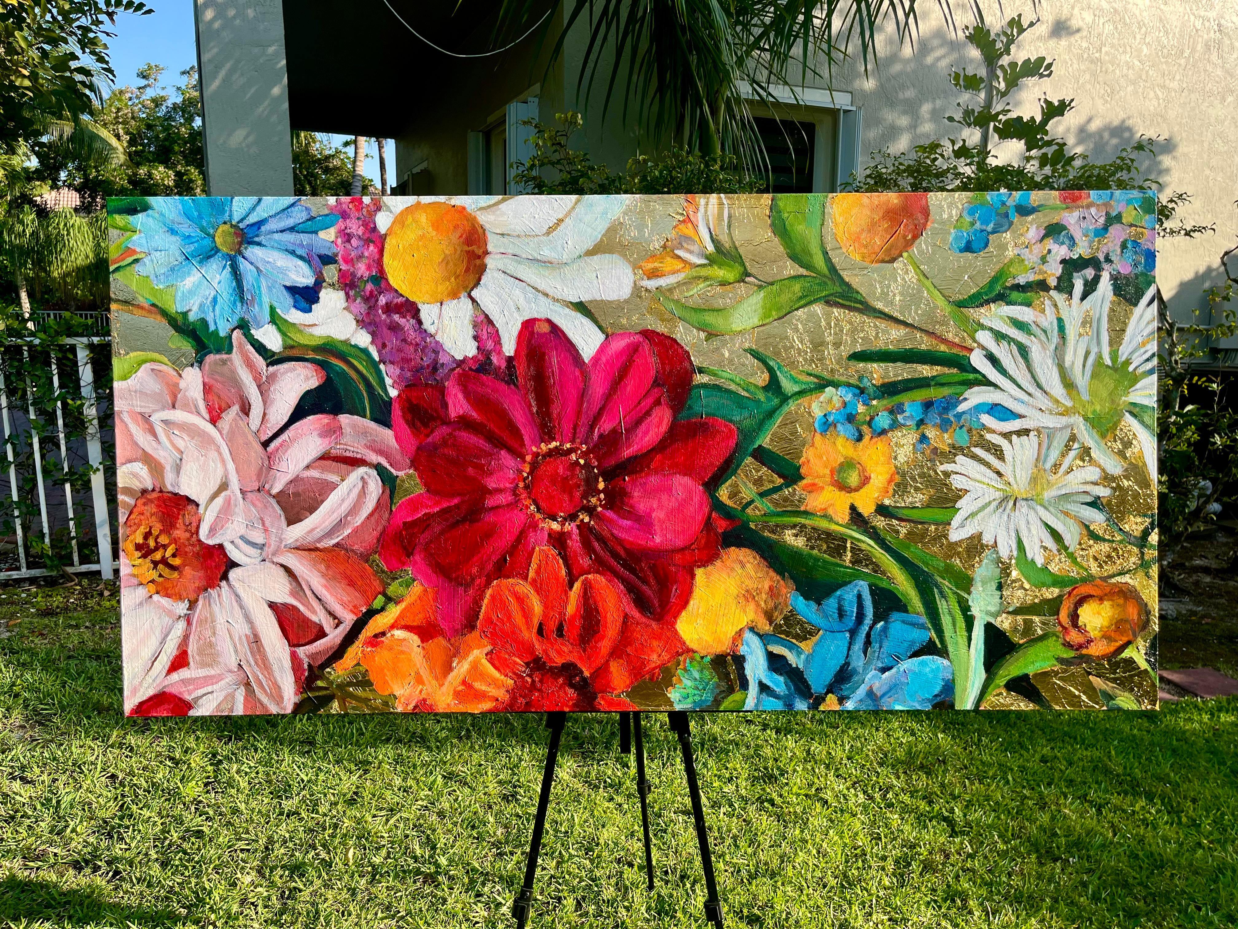 <p>Commentaires de l'artiste<br>Un jardin en pleine floraison respire la vie et la couleur. Des traits audacieux et expressifs et des feuilles d'or scintillantes donnent vie aux fleurs. Le contraste entre les formes organiques et la toile de fond