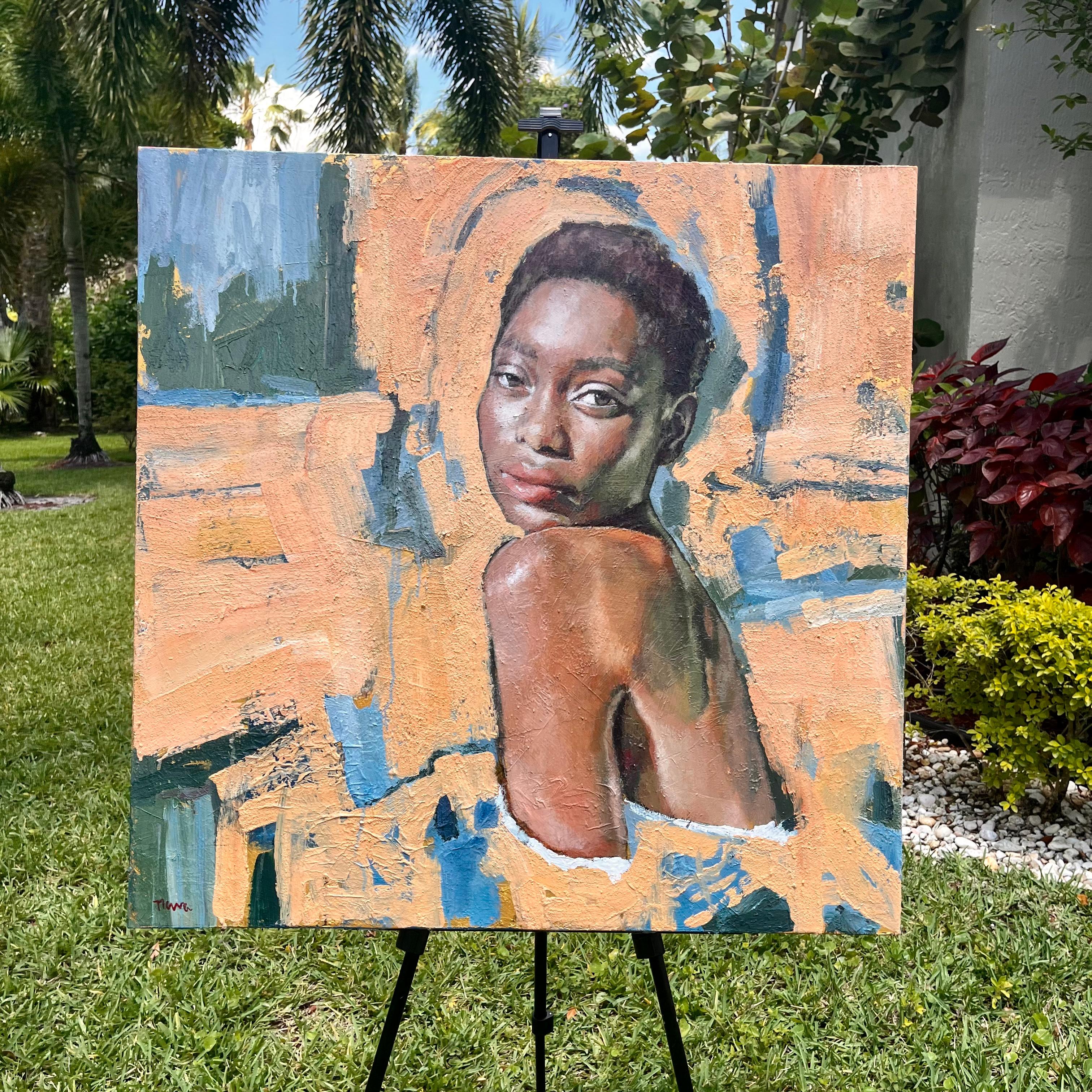 <p>Comentarios del artista<br />La artista Nava Lundy pinta un retrato impresionista de una mujer que mira recatadamente por encima de sus hombros. Los colores naranja y azul arena llenan el fondo con trazos gruesos. Se muestra vulnerable y fuerte a