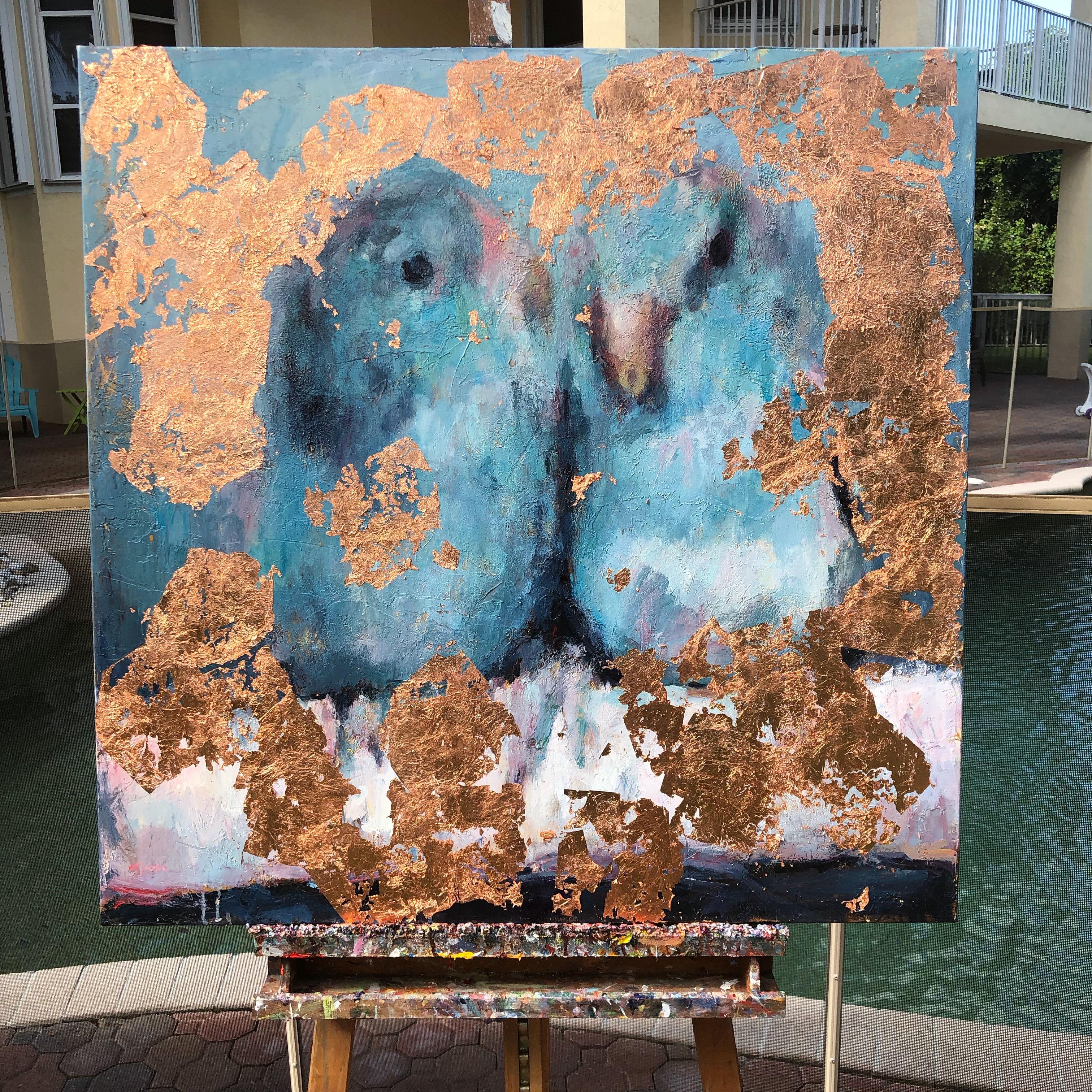 <p>Artist Comments<br>Love is a feeling that words often fail to describe. These lovebirds embody that sentiment. I used rose gold leaf to accentuate their togetherness.</p><p>About the Artist<br>Nava’s romantic and heavily textured impressionist