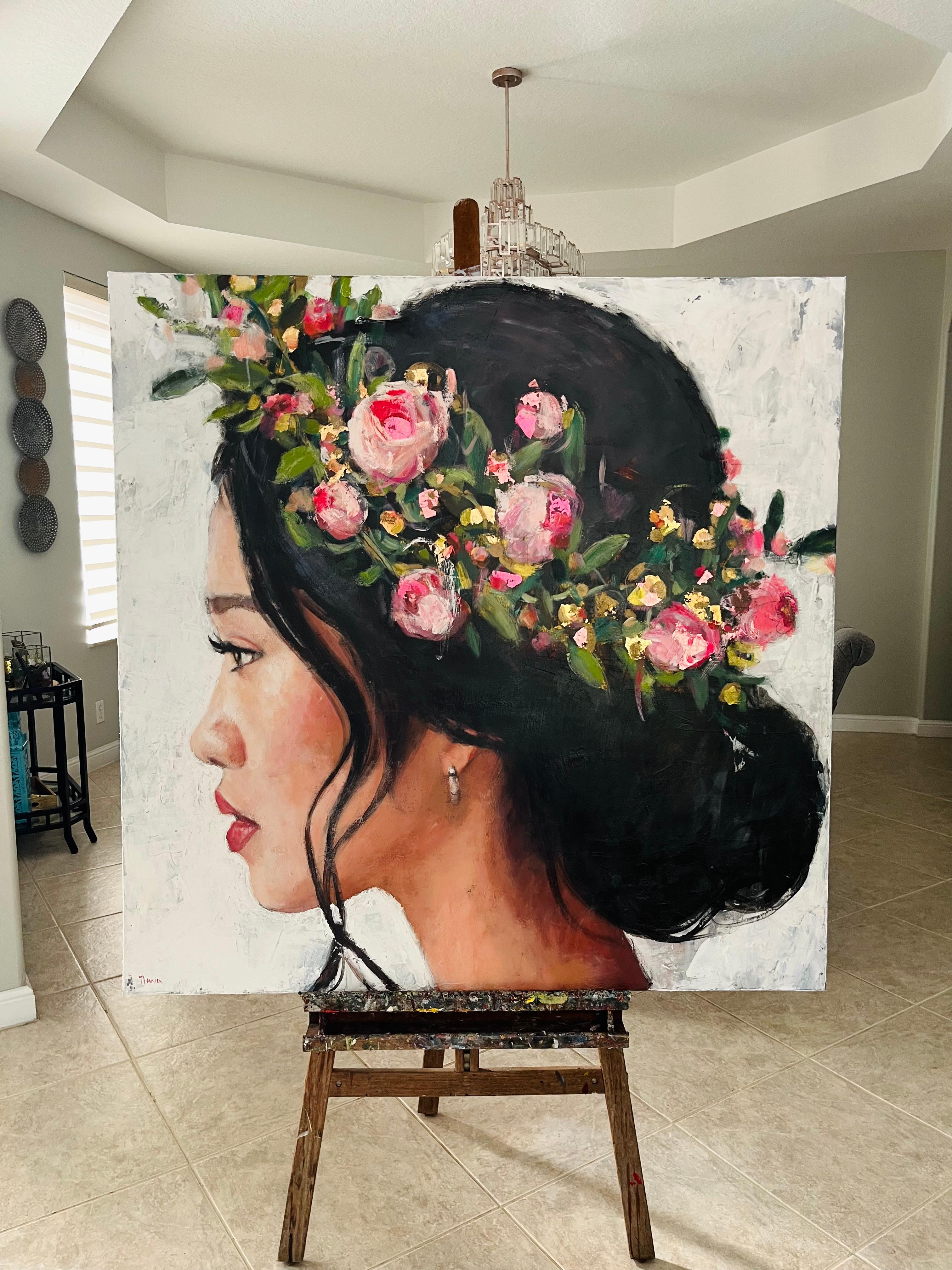 <p>Artist Comments<br>This acrylic painting presents a delicate yet striking portrait of a woman adorned with a floral crown. Smooth, blended skin tones contrast with expressive, textured brushstrokes in the flowers and hair, creating a dynamic