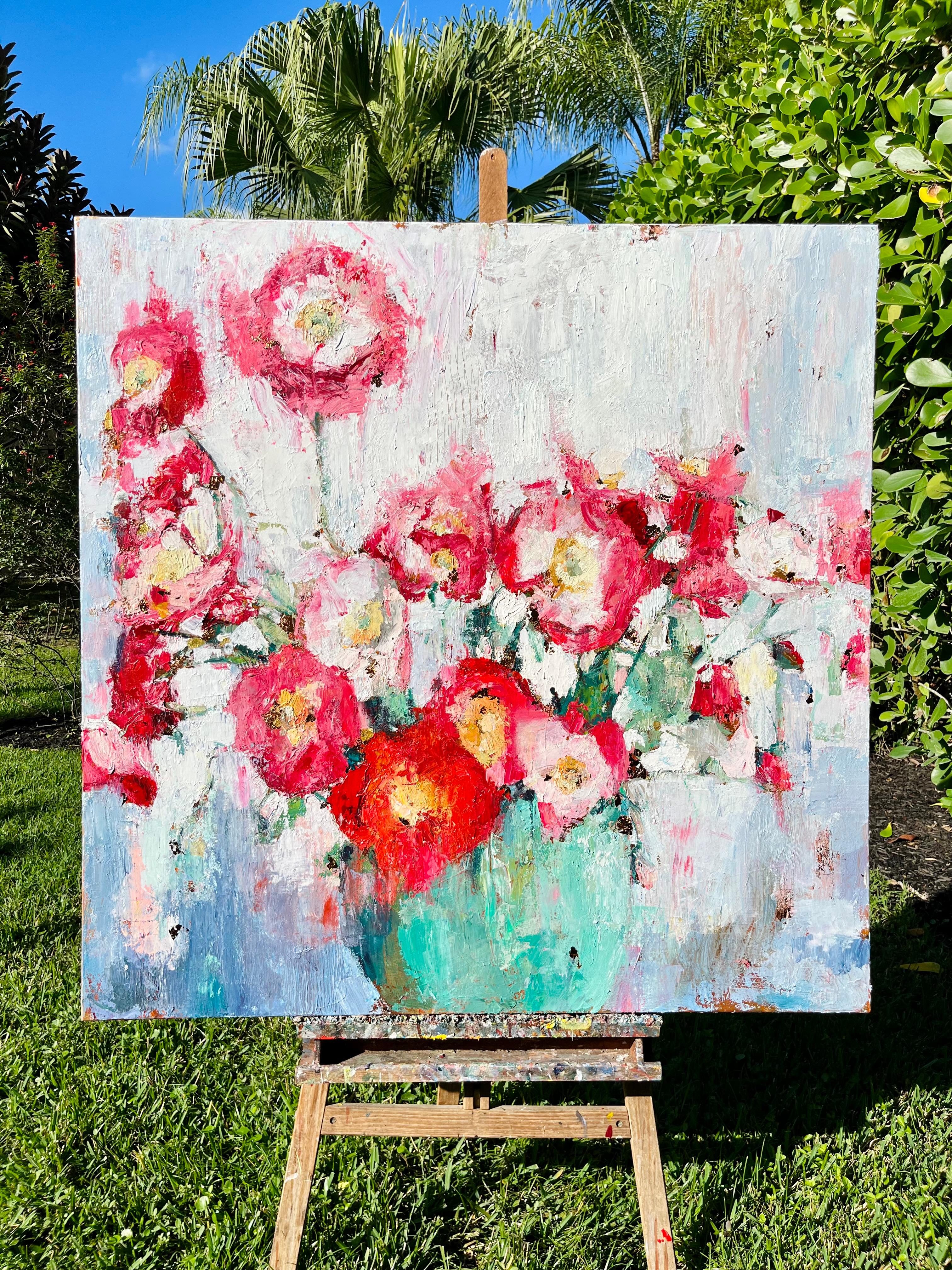 <p>Artist Comments<br>Pink and red poppies share a whimsical dance within the green vase. The use of thick paint and delicate gold leaf adds a layer of richness to the still-life painting, creating a warm and delightful atmosphere. Its rich textures