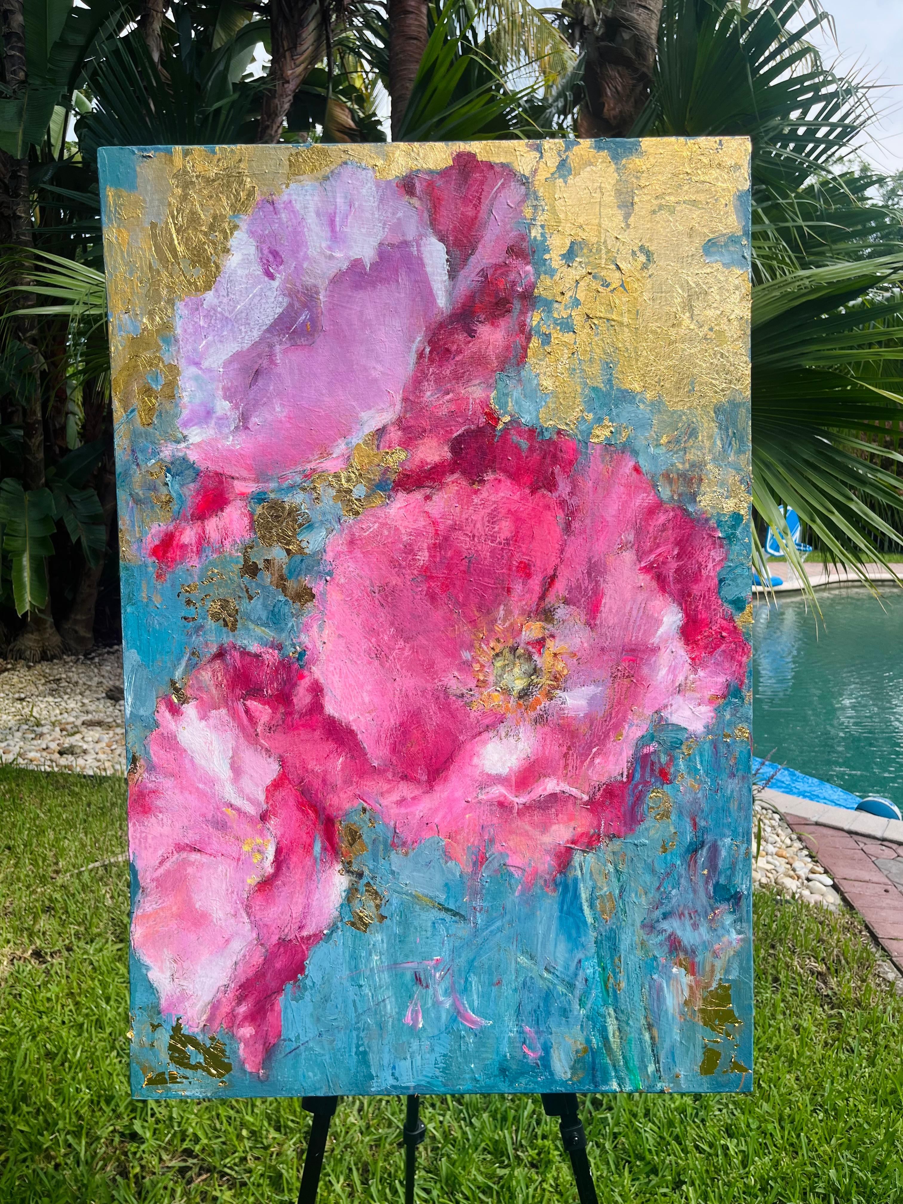<p>Artist Comments<br>Pink poppies bloom against a teal background. The gold leaf accents add a subtle shimmer. Painterly brushstrokes lend the flowers an impressionistic quality, while the metallic highlights bring an elegant contrast and a modern