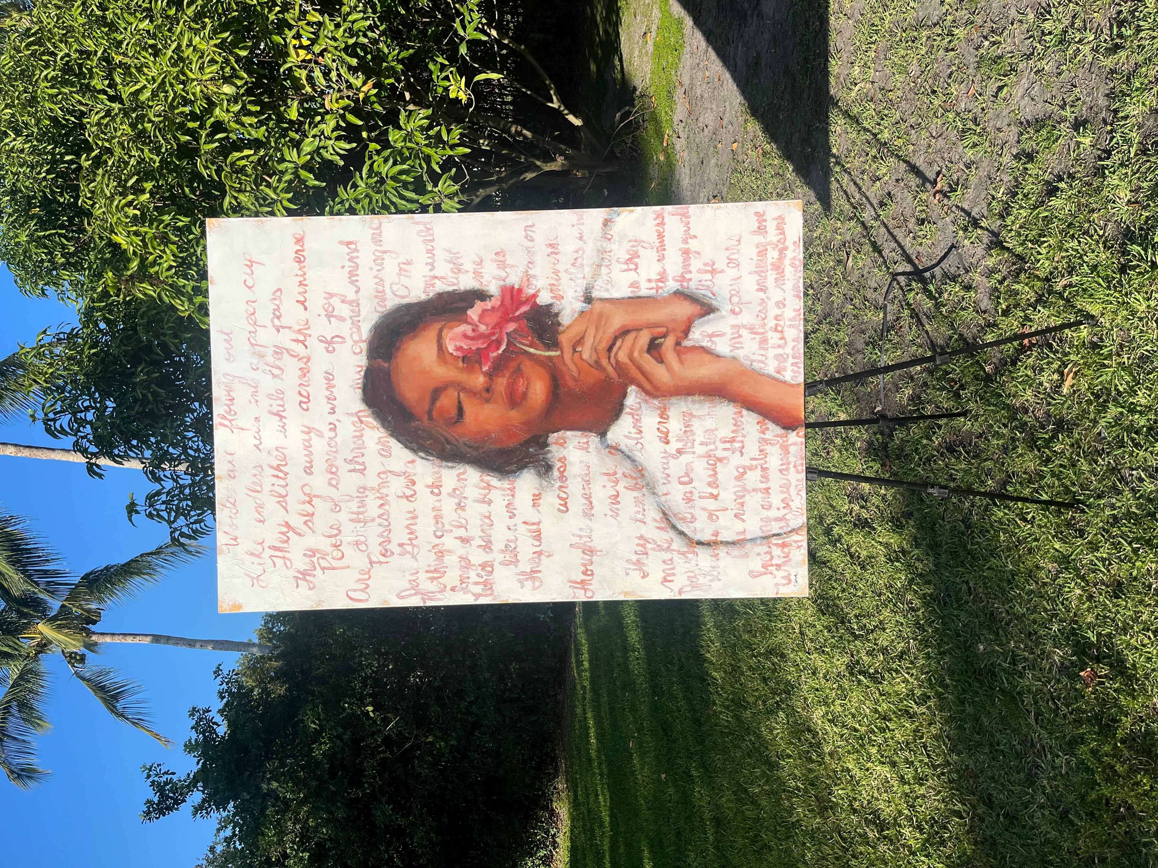 <p>Artist Comments<br>A young woman closes her eyes in serene reflection, holding a delicate pink flower against her face. The background, filled with flowing handwritten lyrics from the song â€œAcross the Universe,â€ weaves a poetic atmosphere
