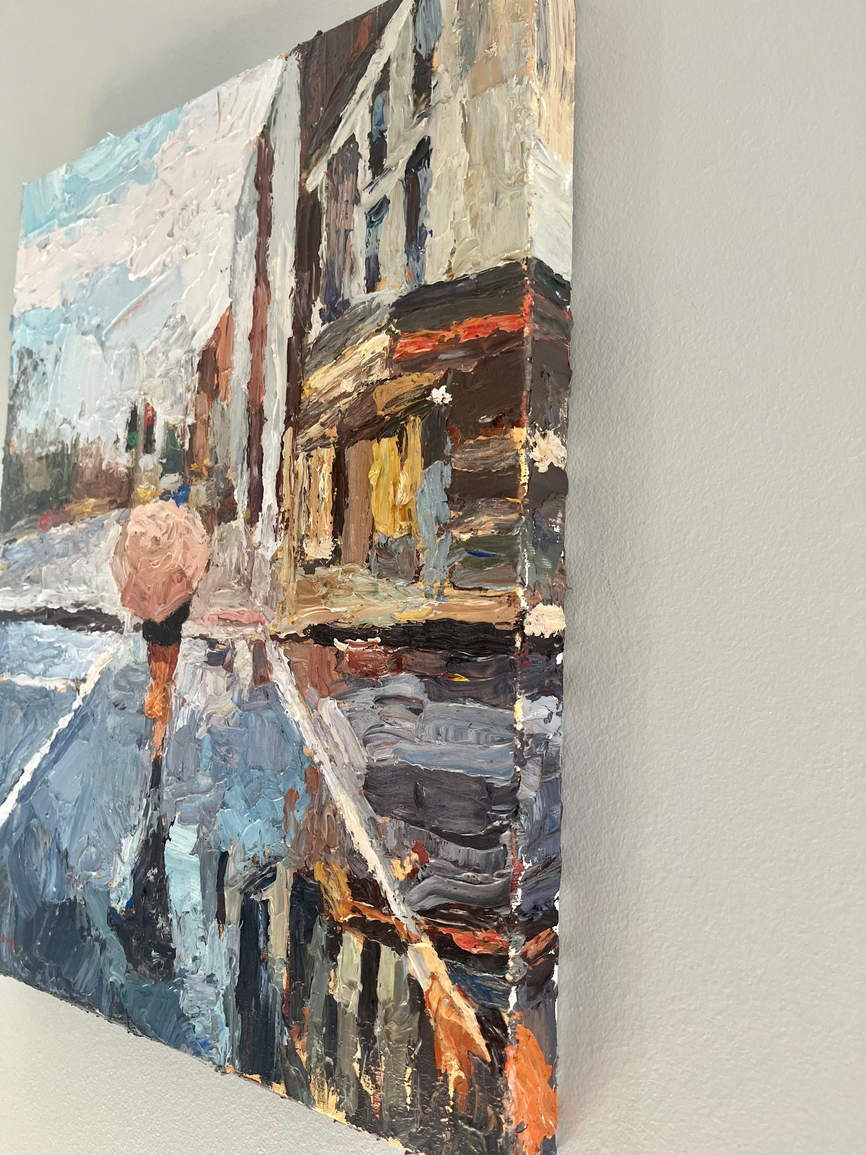 <p>Artist Comments<br>Artist Nava Lundy paints a woman walking along an empty street. She treads along puddles that beautifully showcase the reflections of the architecture and sky in a gorgeous mosaic of colors. 