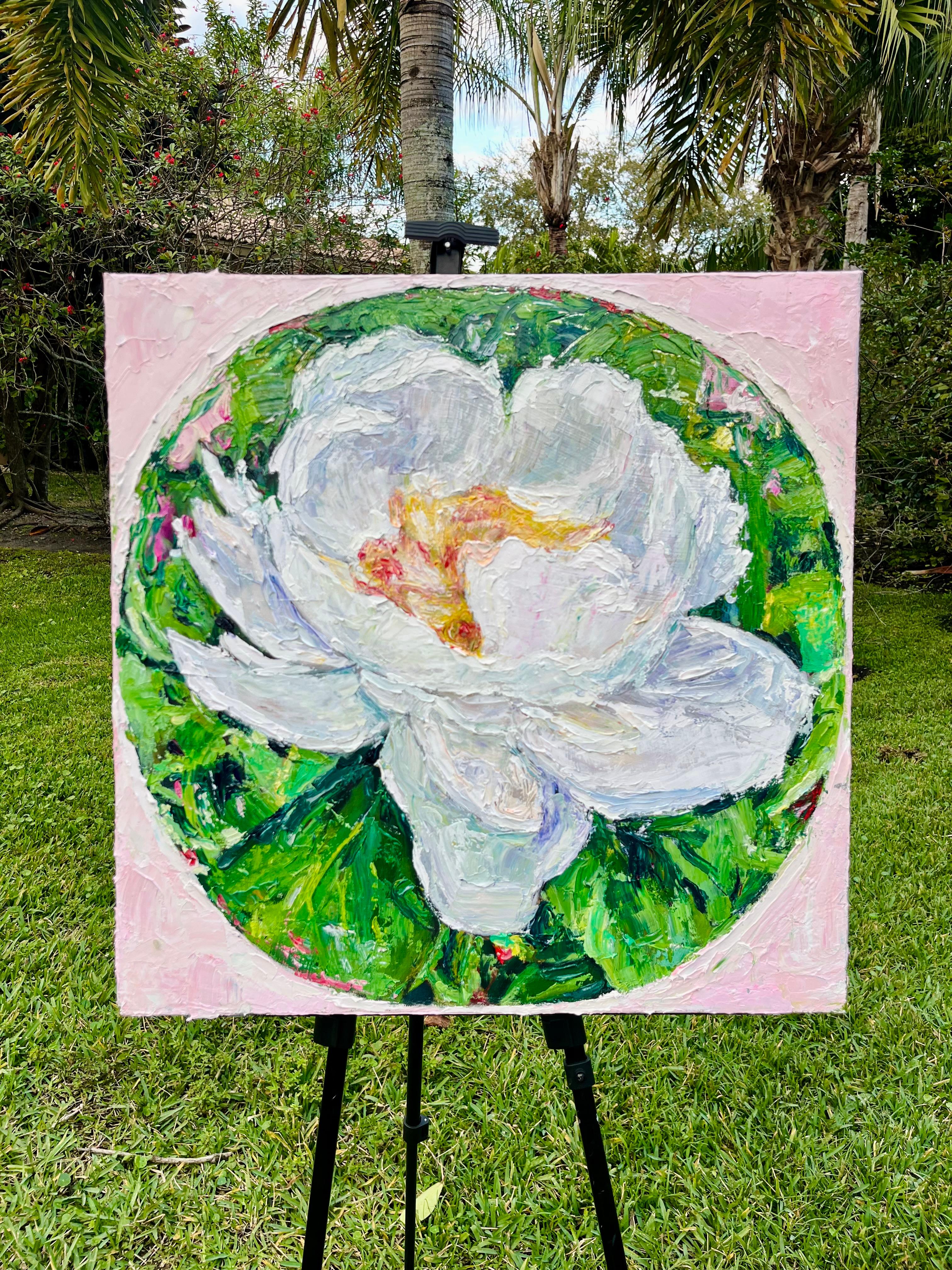 <p>Commenti dell'artista<br />Un fiore di peonia strutturato si dispiega in pennellate espressive e stratificate. I morbidi petali bianchi, lavanda e blu emanano grazia, mentre i gialli e i rosa caldi illuminano il cuore del fiore. Le foglie verdi
