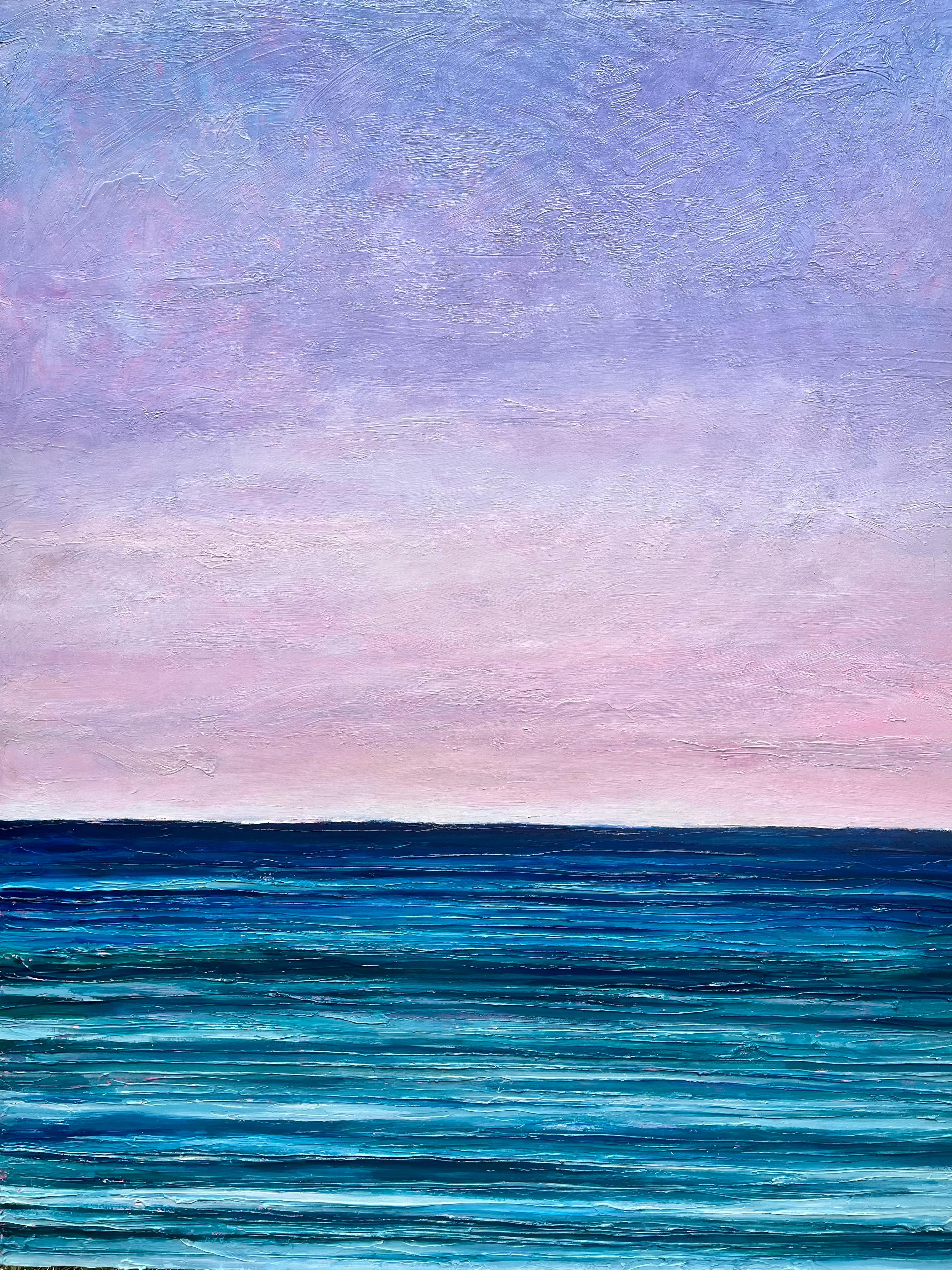 <p>Artist Comments<br>Artist Nava Lundy paints a tranquil seascape with minimal representation. She layers rich textures, creating a soft gradation of lavender and pink sky, complementing the water's deep blues and bright teals. Gentle ripples ebb
