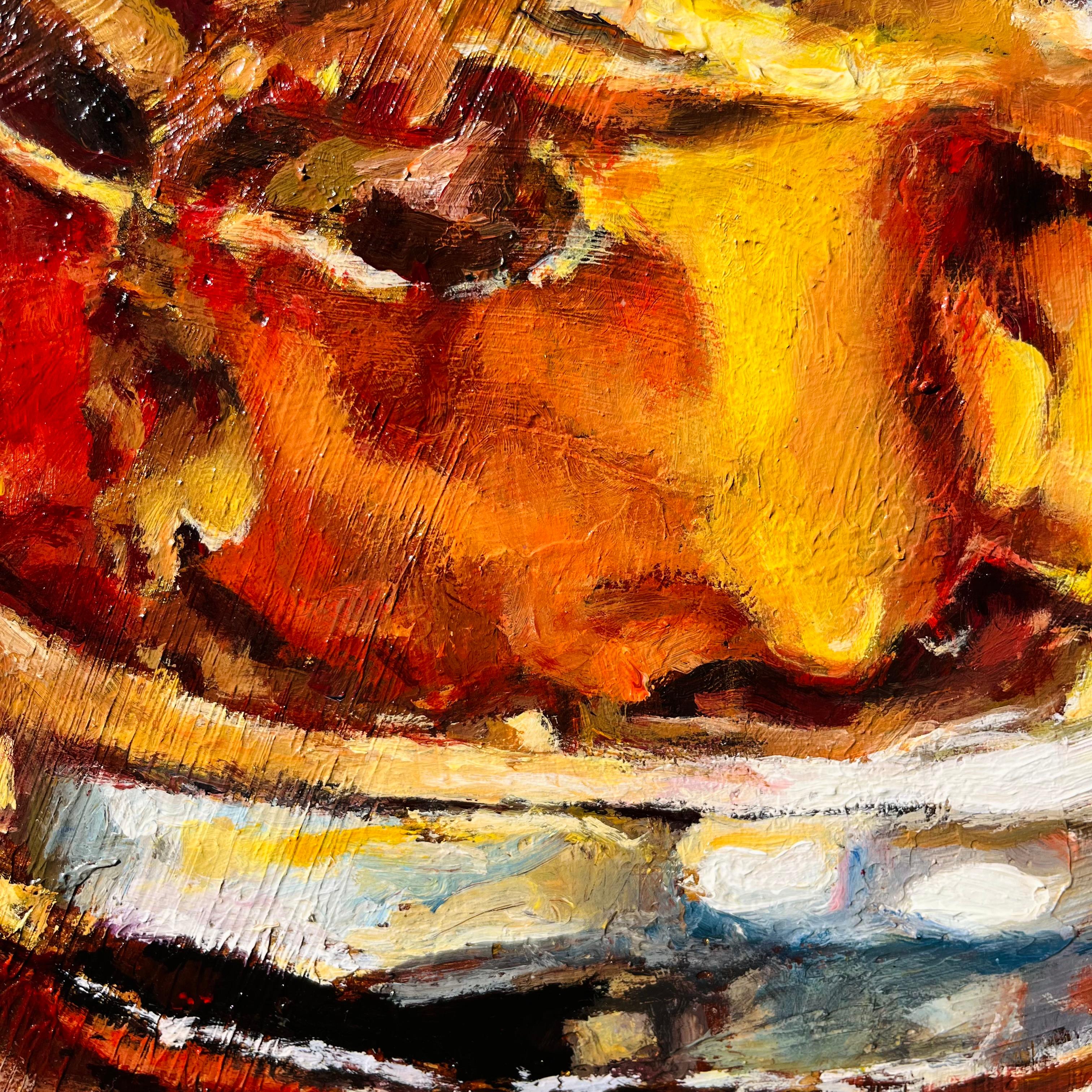 <p>Kommentare des Künstlers<br>Ein einsames Glas Bourbon steht vor dem Hintergrund gedämpfter Farbtöne. In sanftes Umgebungslicht getaucht, erwecken seine bernsteinfarbenen Tiefen ein Gefühl von Wärme und Ruhe. Das Glas strahlt einen stillen