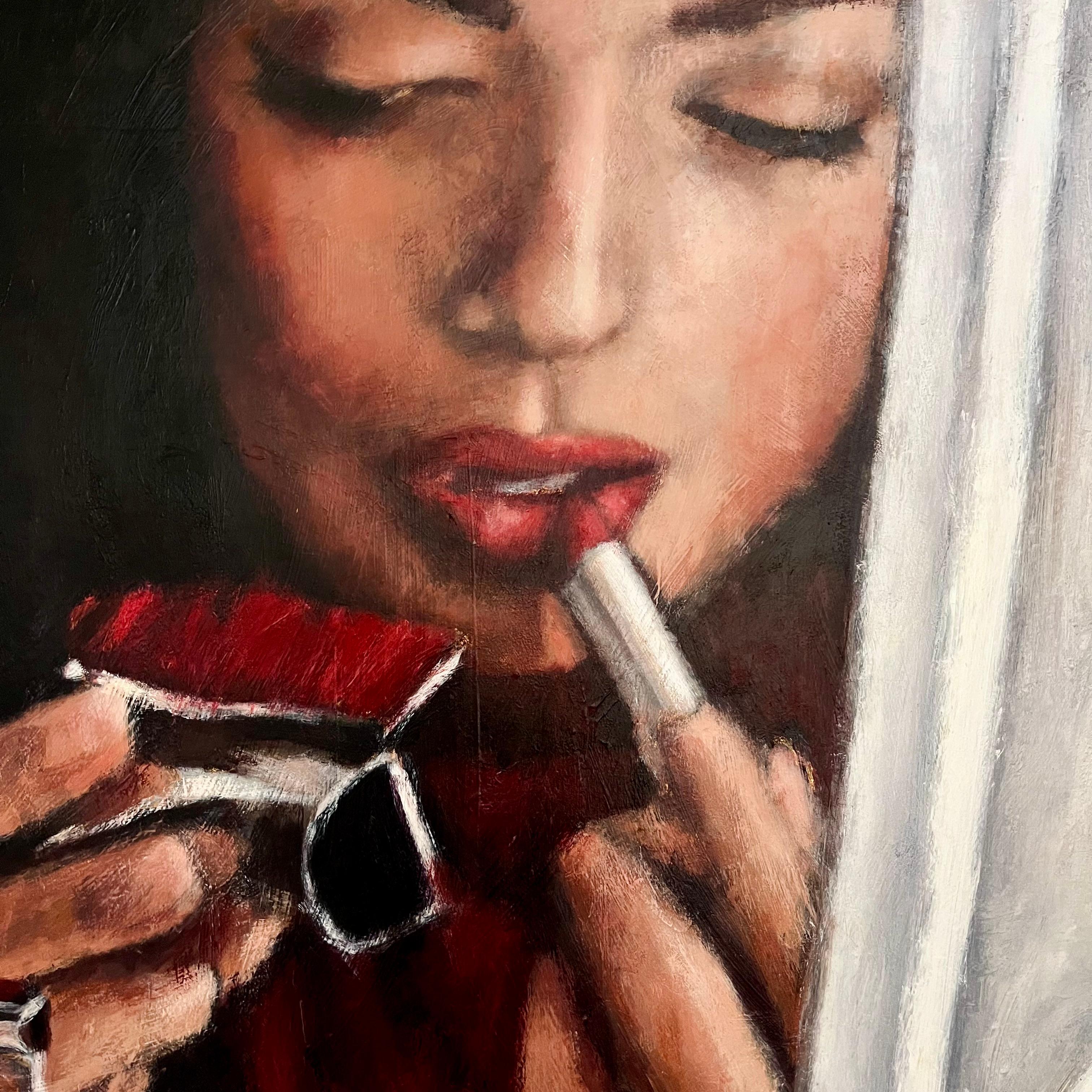 Lippenstiftversprechen, Originalgemälde (Beige), Portrait Painting, von Nava Lundy
