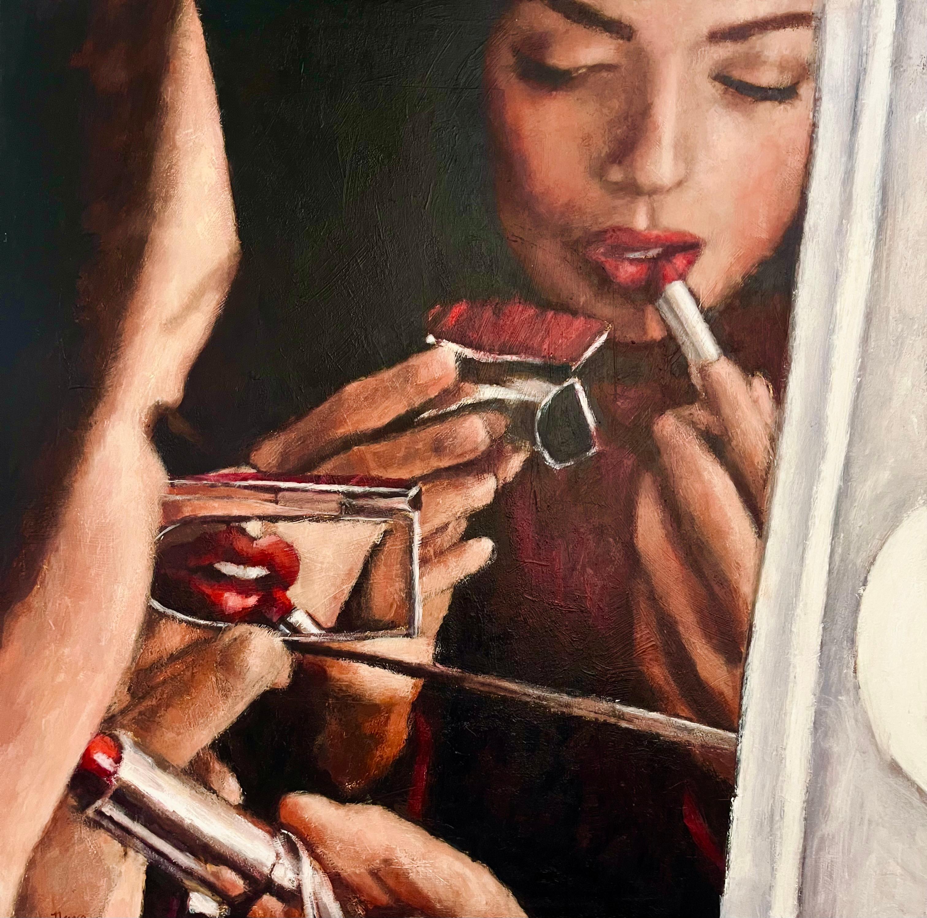 Nava Lundy Portrait Painting – Lippenstiftversprechen, Originalgemälde