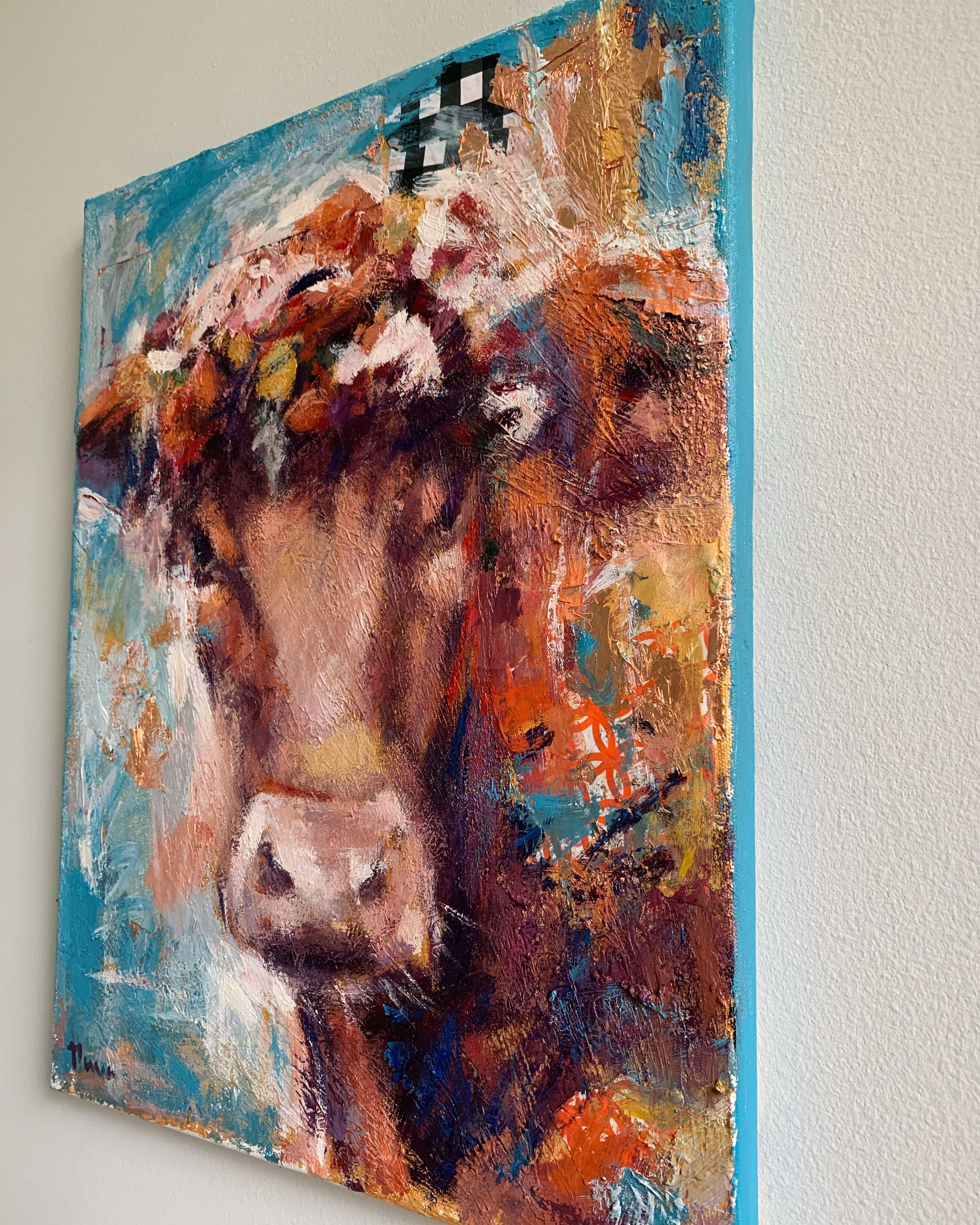 This playful and joyful interpretative painting of Lucy the cow is loaded with color, texture, and pattern heightening the effect of the piece. :: Painting :: Contemporary :: This piece comes with an official certificate of authenticity signed by