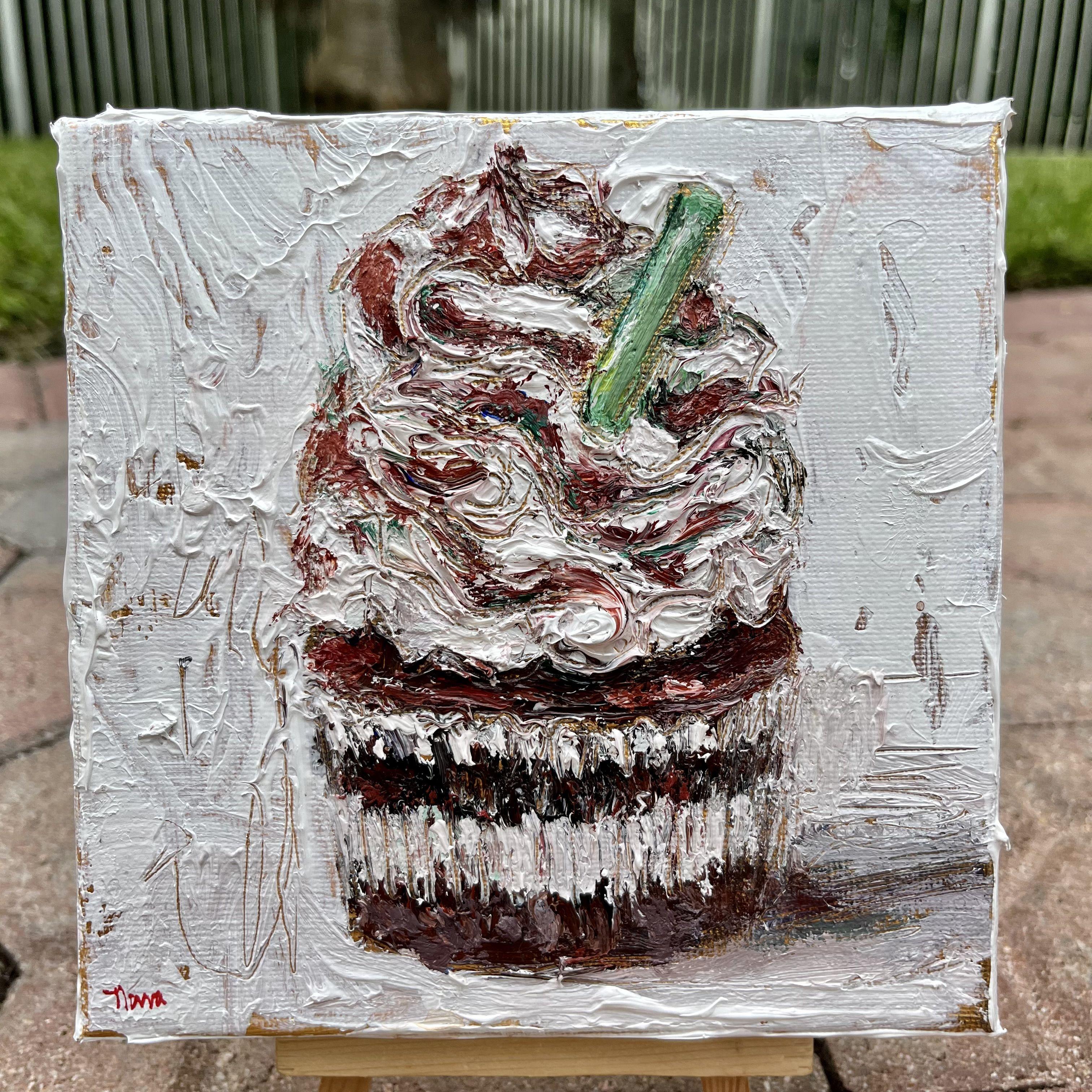 Esta deliciosa magdalena, con su rica pintura empastada, parece más glaseado que pintura. Inspirado en algunos de los cupcakes más bonitos e interesantes, ¡casi puedes saborear el sabor del Frappuccino de chocolate y menta! :: Pintura ::