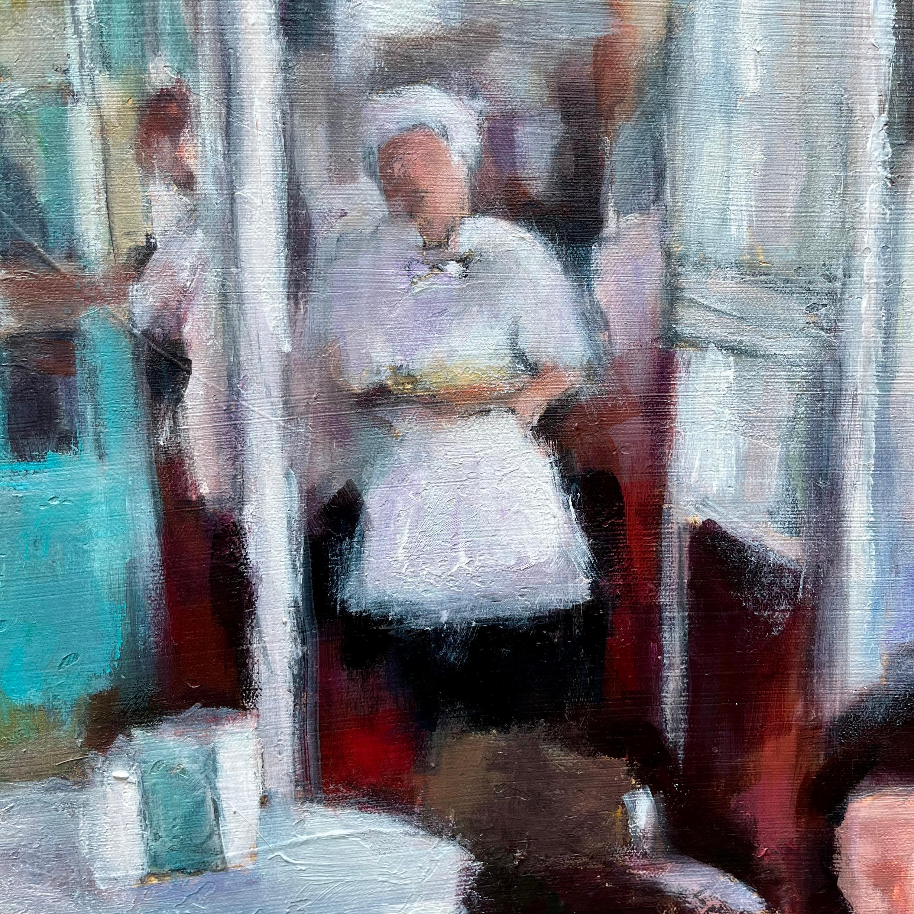 Morning at the Cafe, Originalgemälde (Grau), Interior Painting, von Nava Lundy