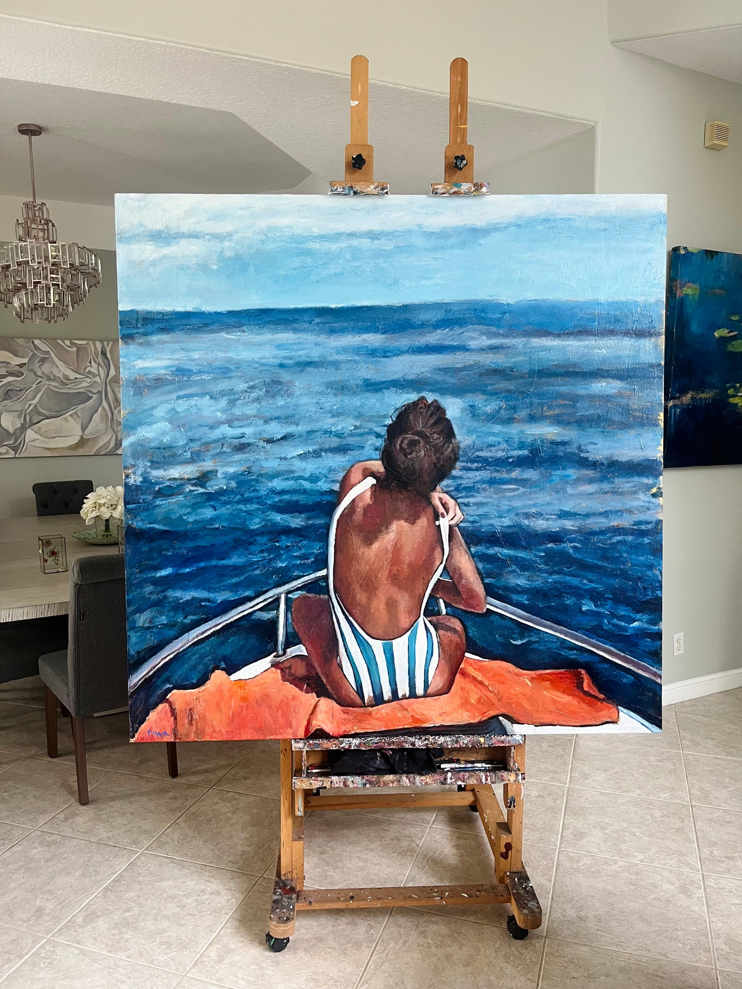 <p>Artist Comments<br>A large-scale painting captures a serene moment of a woman sitting at the bow of a boat. She gazes across endless shades of blue. The textured brushwork and layered glazes convey the movement and depth of the ocean, while warm