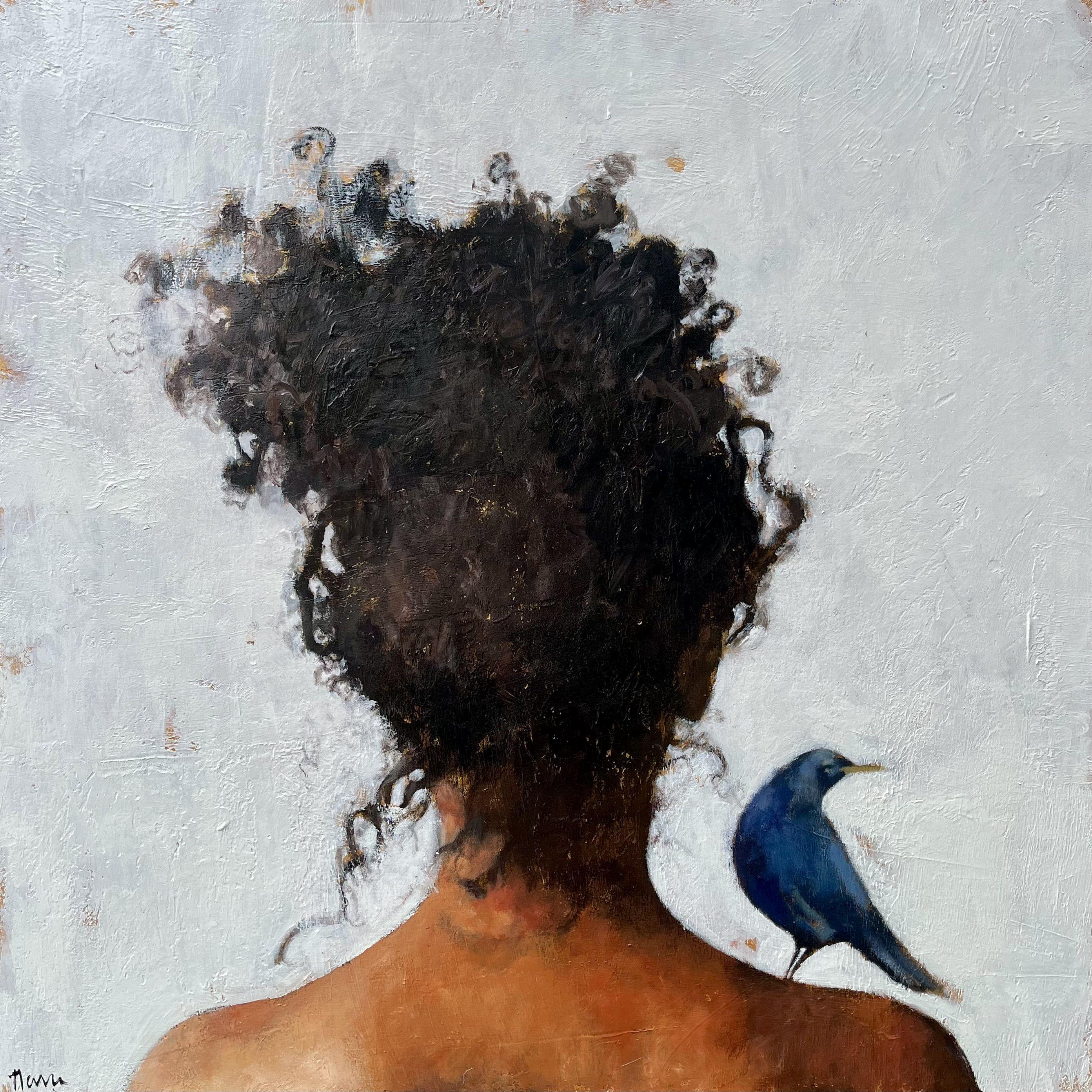 The blue bird comes to visit, comfortable perched on the girlâ€™s shoulder they are connected but physically and metaphorically.  :: Painting :: Contemporary :: This piece comes with an official certificate of authenticity signed by the artist ::