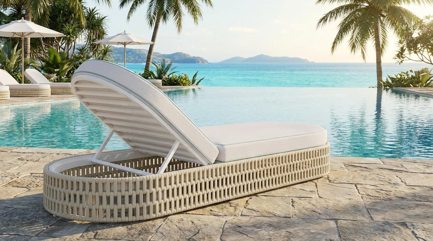 Das Navagio Sunbed, das in Zusammenarbeit mit Mediterrazza entwickelt wurde, fängt den Geist des mediterranen Lebens an der Küste ein. Der handgefertigte Sockel aus robustem, lackiertem Metall besteht aus cremeweißem Synthetikband, das an