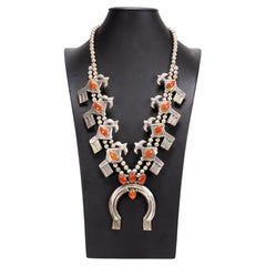 Vintage Navajo 12 Stone Coral Squash Blossom Necklace