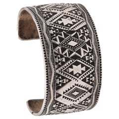 Navajo 1950 Native American Geometric Cuff Bracelet In .925 Sterling Silver