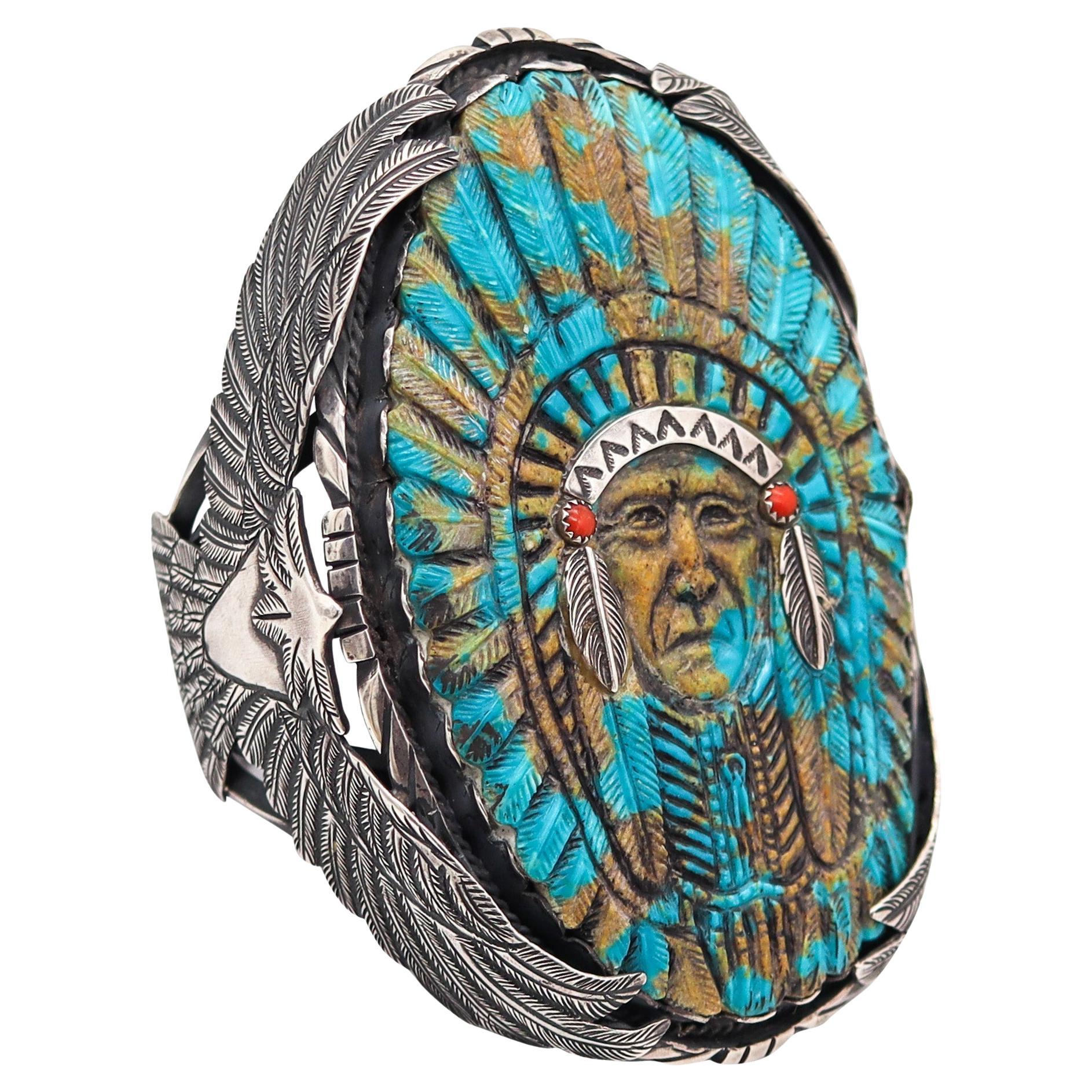 NAVAJO 1960 Native American Indian Chief Cuff In .925 Sterling & Carved