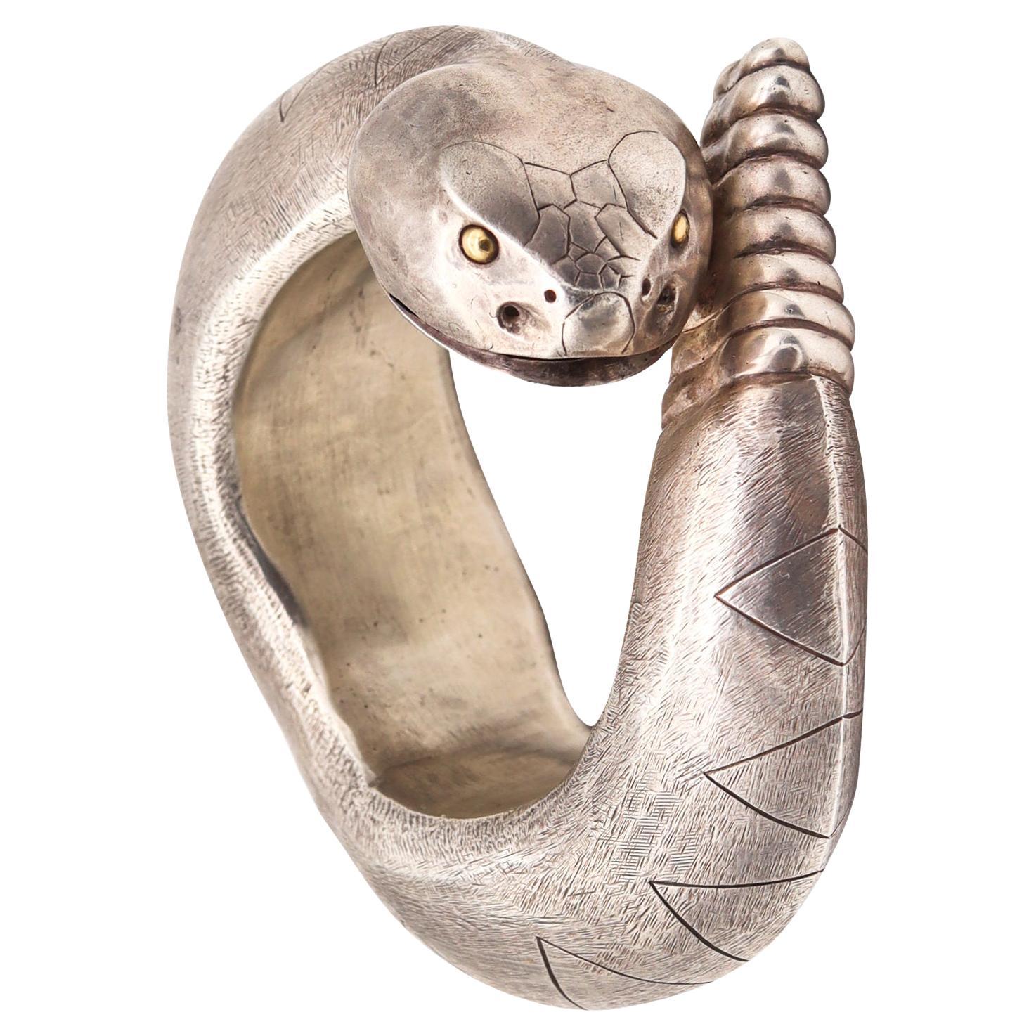 Navajo 1970 Statement Bold Stylized Snake Bracelet in 925 Sterling Silver & 18Kt For Sale