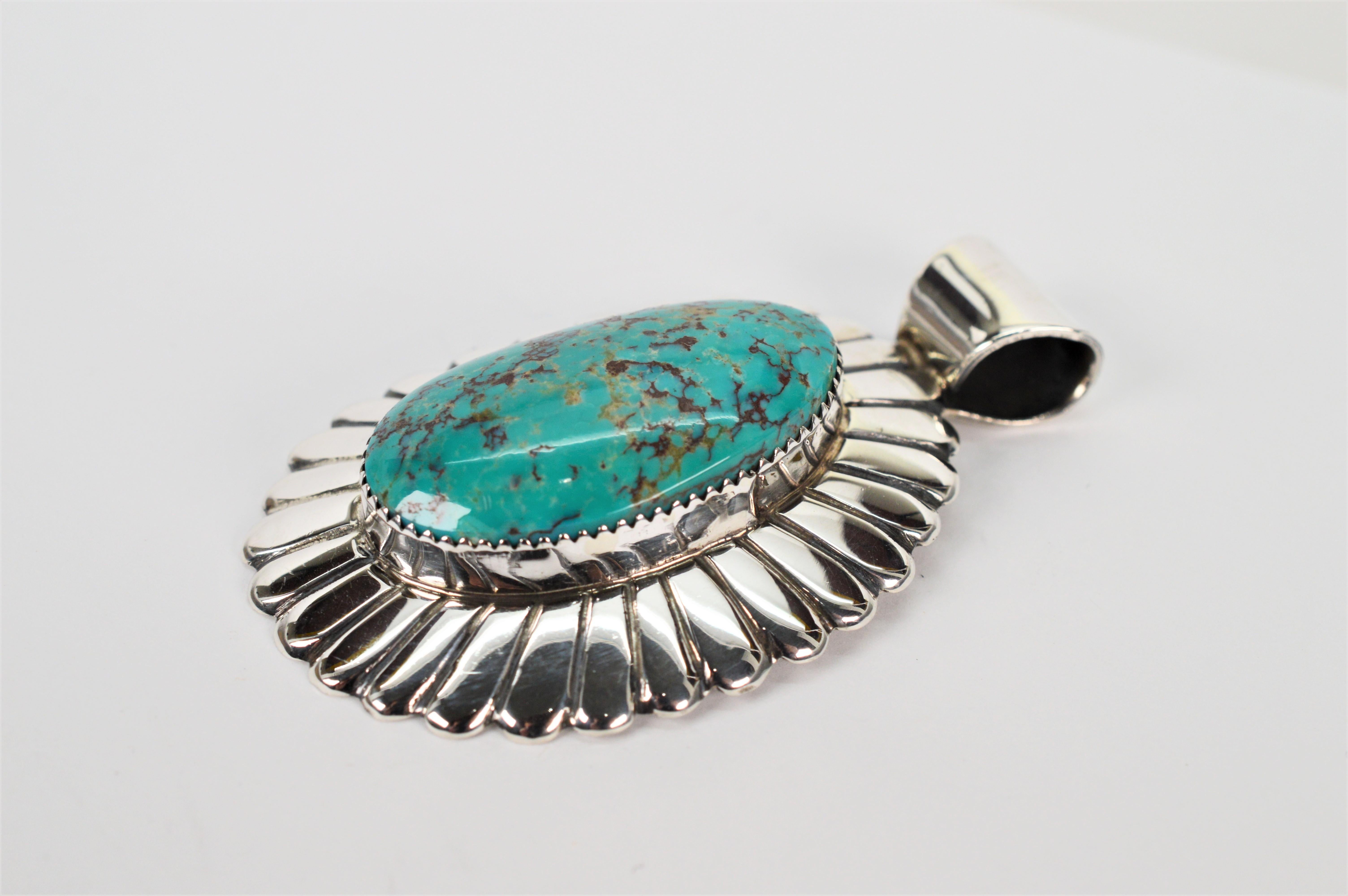 Oval Cut Navajo Arnold Blackgoat Turquoise Sterling Silver Pendant For Sale