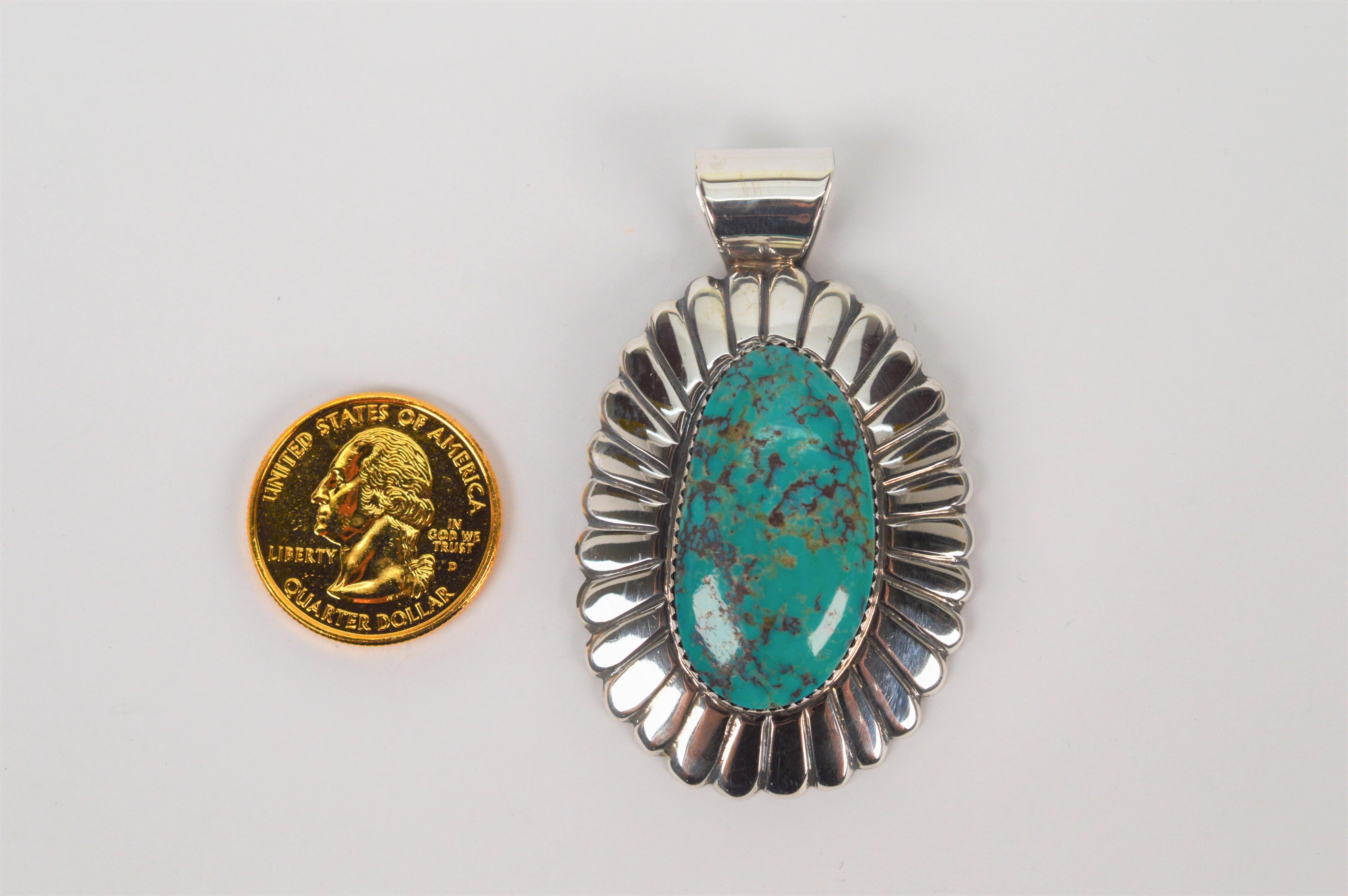 Navajo Arnold Blackgoat Turquoise Sterling Silver Pendant In Good Condition For Sale In Mount Kisco, NY