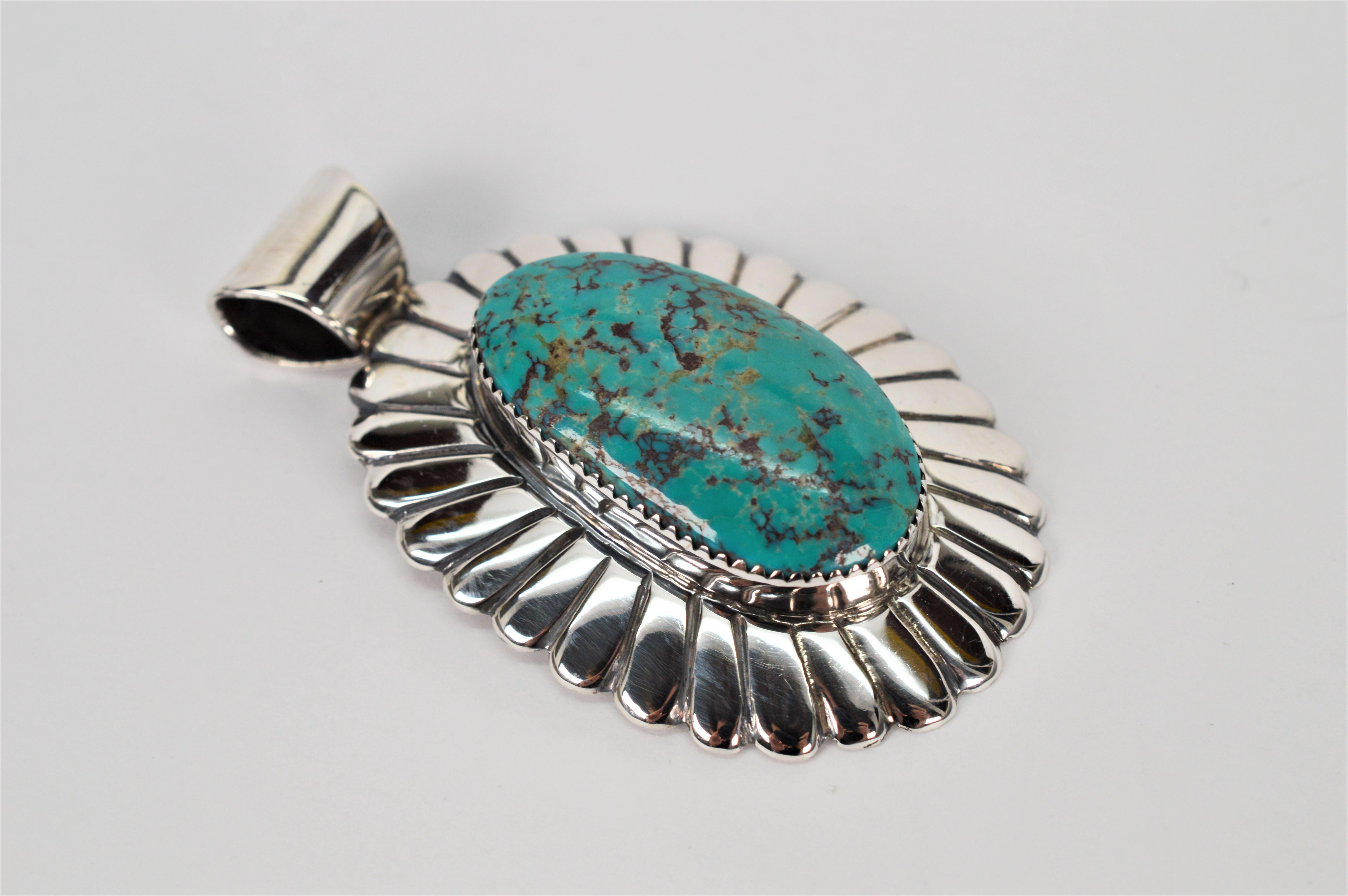 Women's or Men's Navajo Arnold Blackgoat Turquoise Sterling Silver Pendant For Sale