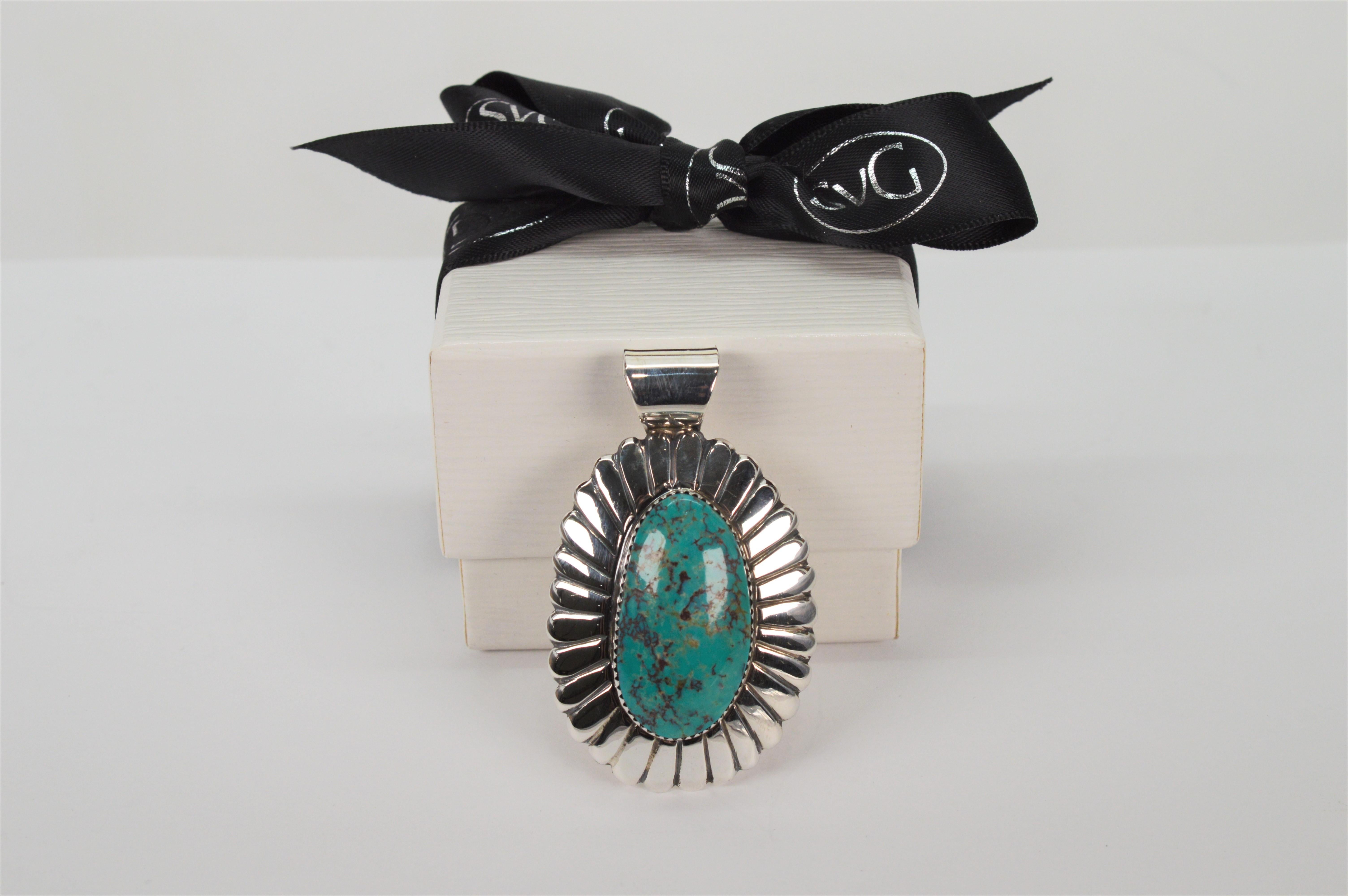 Navajo Arnold Blackgoat Turquoise Sterling Silver Pendant For Sale 1
