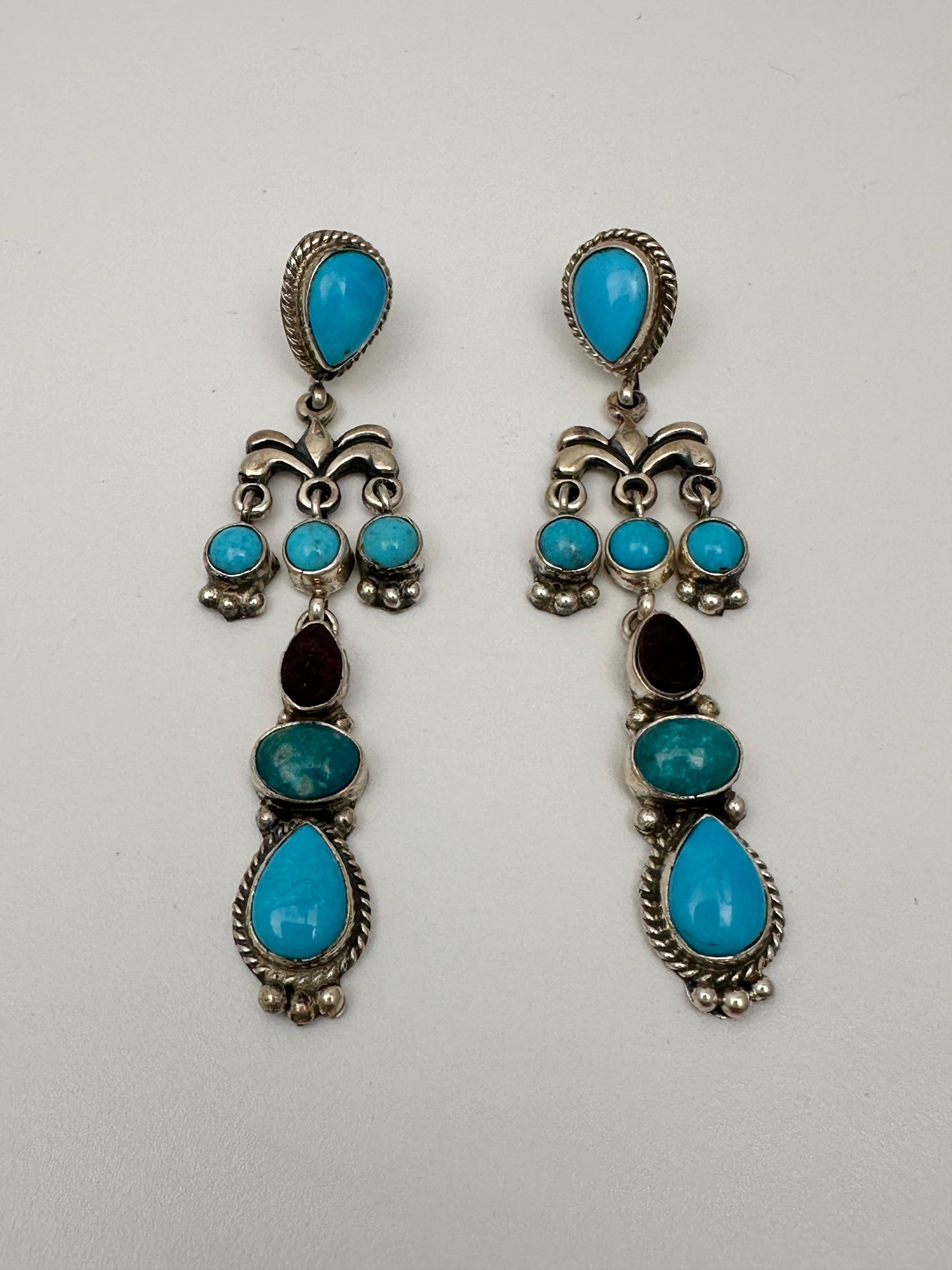 Navajo Artist Fajitas Sterling Silver .925 Turquoise Sugilite Dangle Earrings 
measures approx. 3/4