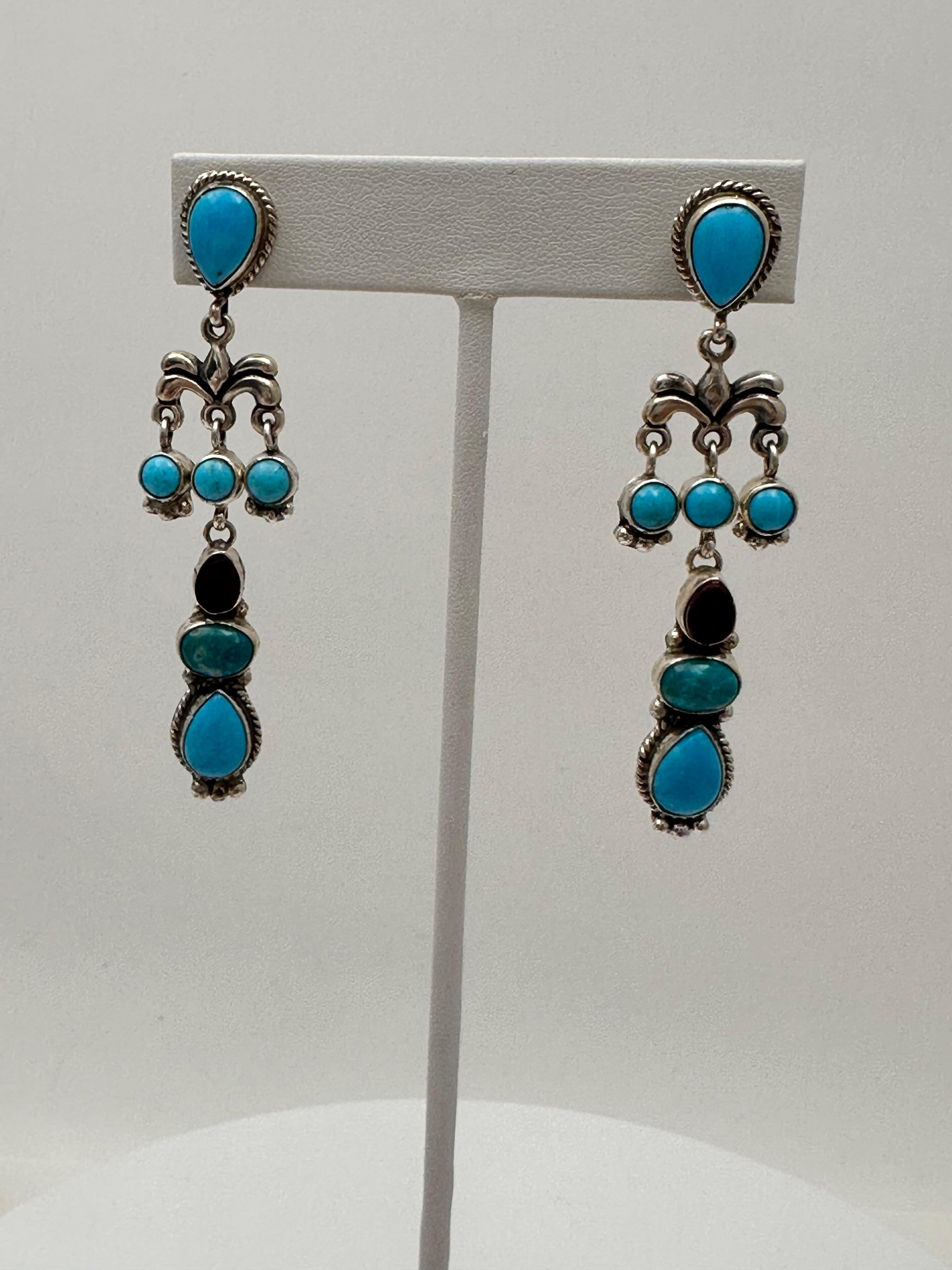 Artisan Boucles d'oreilles pendantes en argent Navajo Fajitas .925 Turquoise Sugilite  en vente