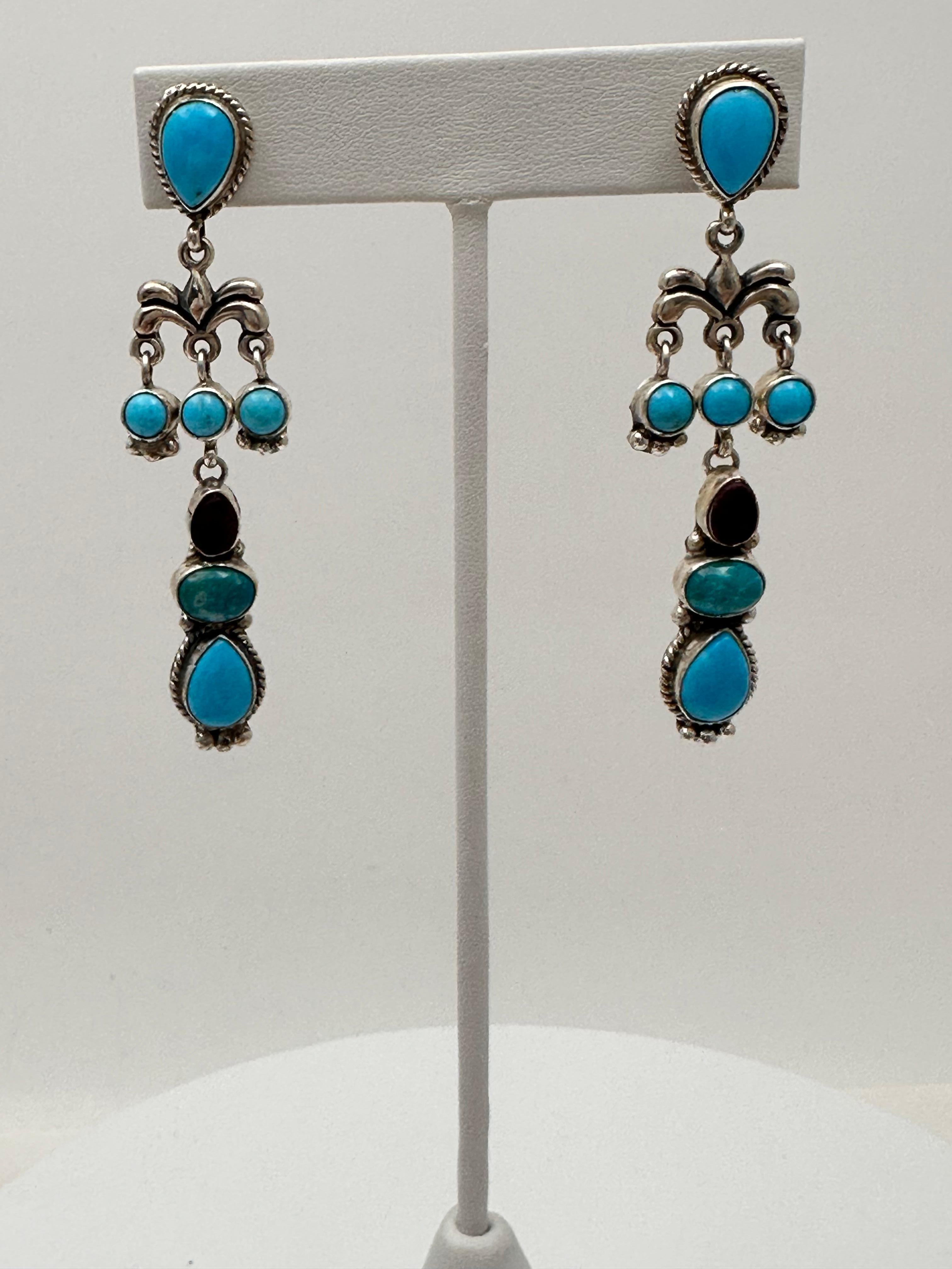 Round Cut Navajo Artist Fajitas Sterling Silver .925 Turquoise Sugilite Dangle Earrings  For Sale