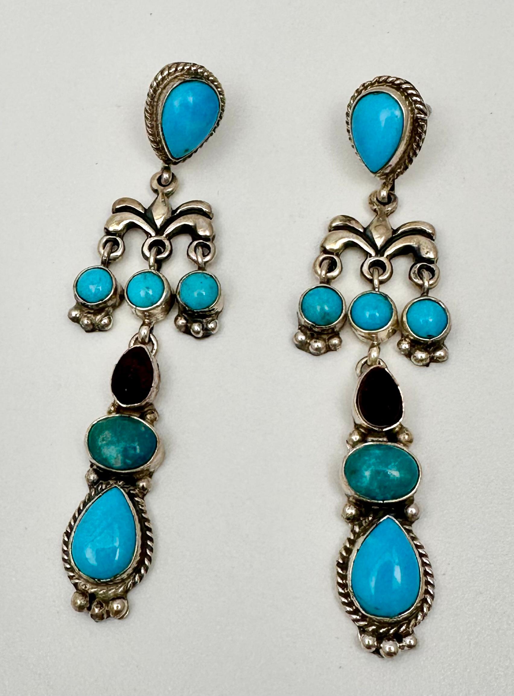 Navajo Artist Fajitas Sterling Silver .925 Turquoise Sugilite Dangle Earrings  In New Condition For Sale In Las Vegas, NV