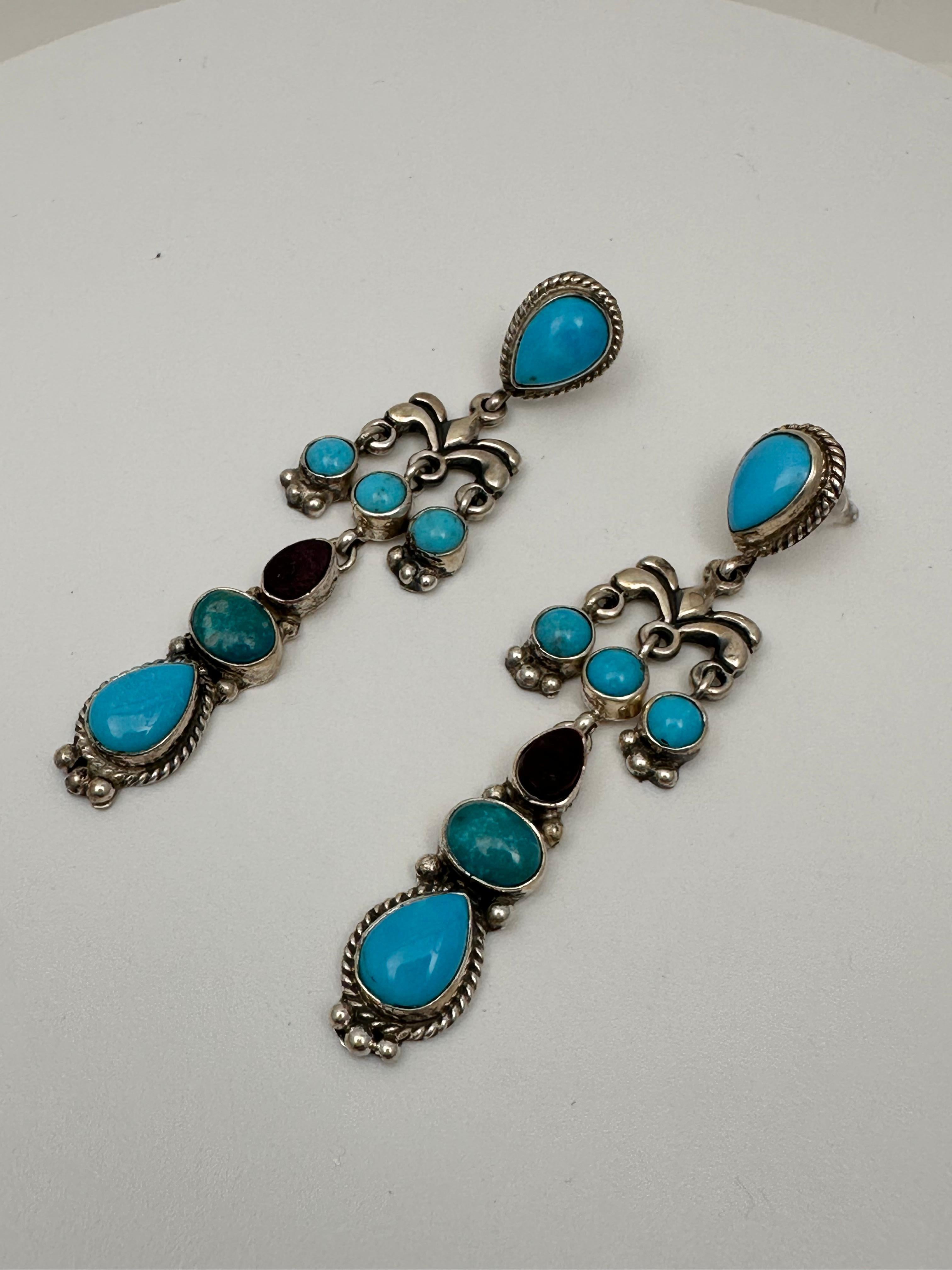 Women's Navajo Artist Fajitas Sterling Silver .925 Turquoise Sugilite Dangle Earrings  For Sale