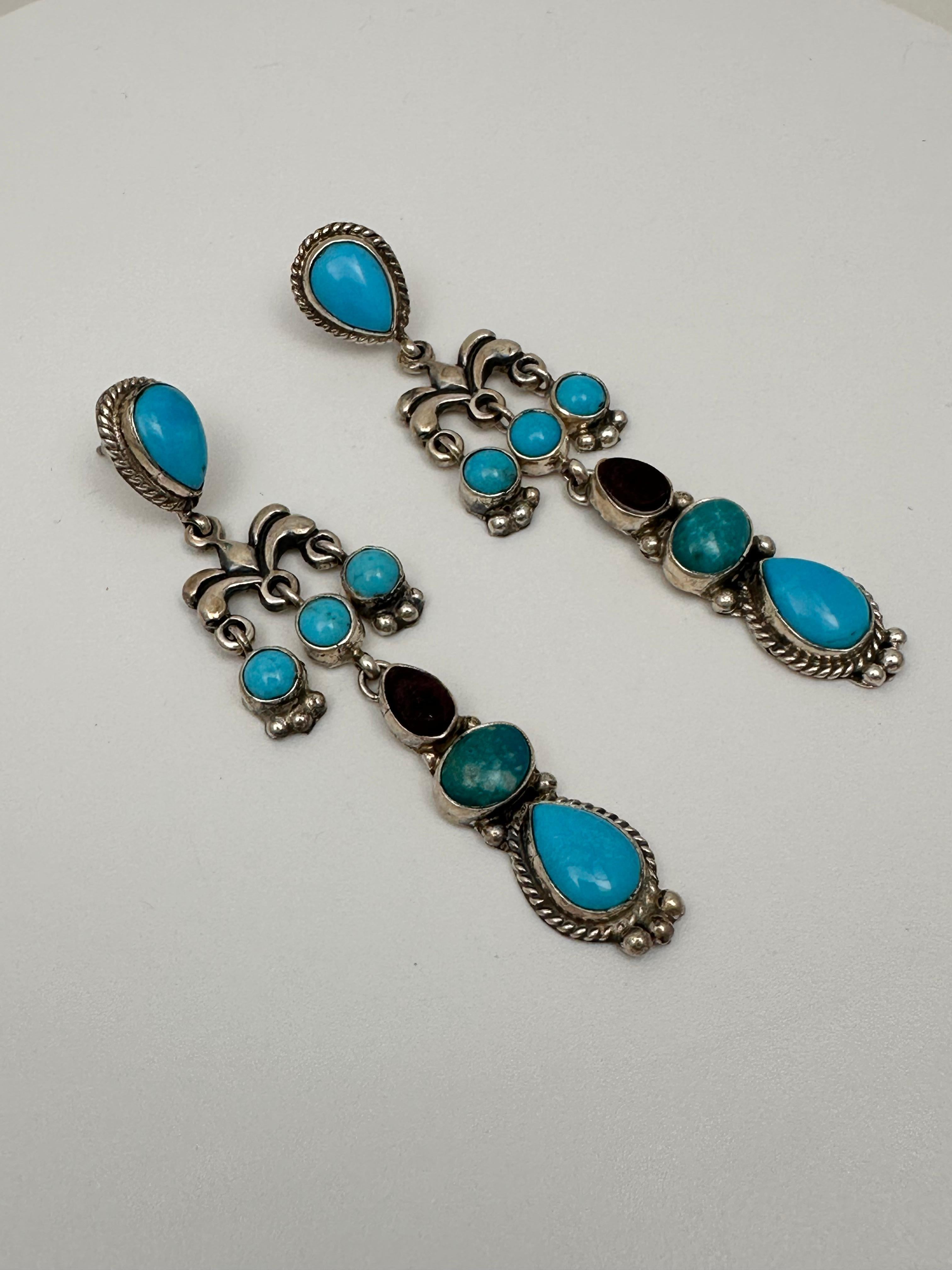 Navajo Artist Fajitas Sterling Silver .925 Turquoise Sugilite Dangle Earrings  For Sale 1