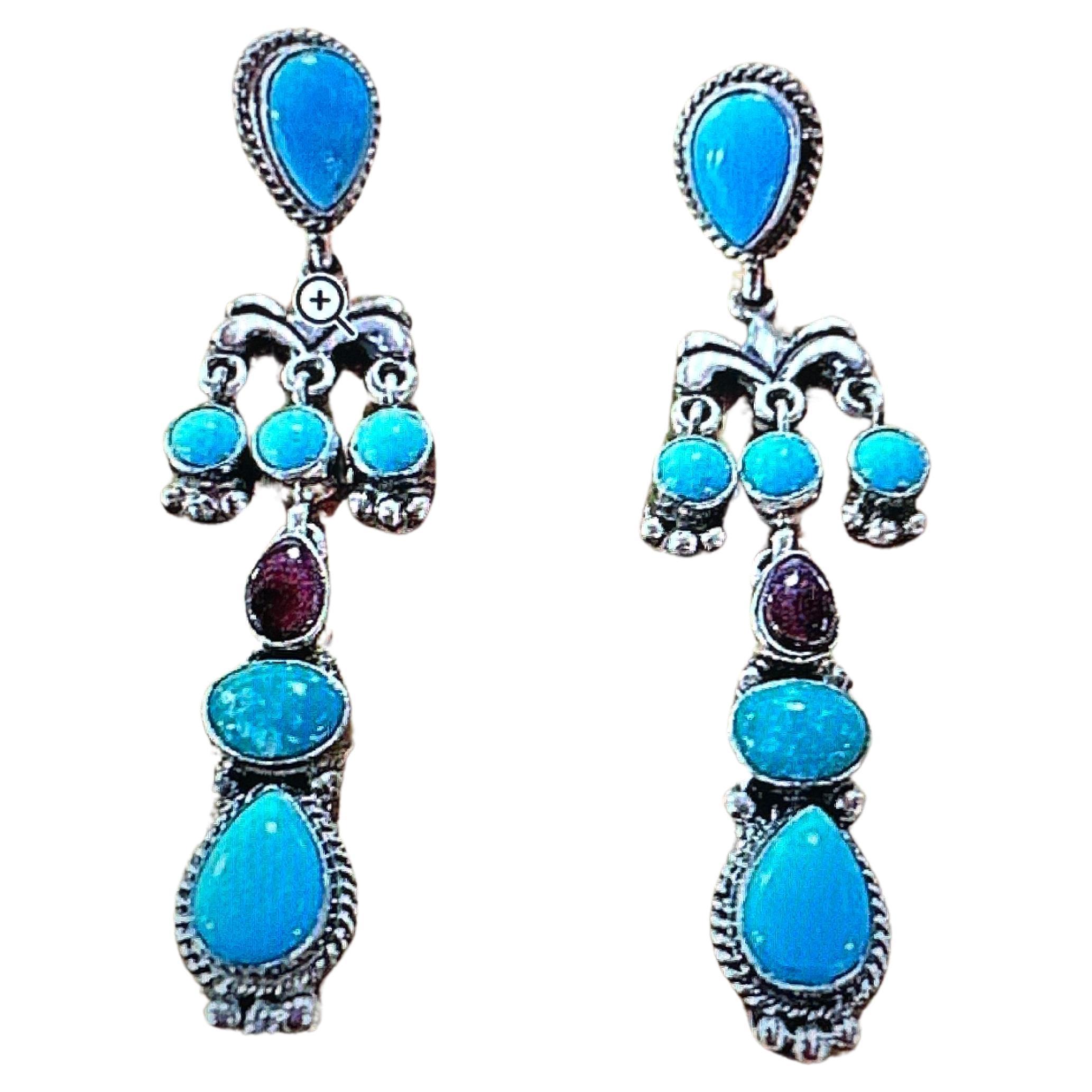 Navajo Artist Fajitas Sterling Silver .925 Turquoise Sugilite Dangle Earrings  For Sale