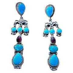 Navajo Artist Fajitas Sterling Silver .925 Turquoise Sugilite Dangle Earrings 