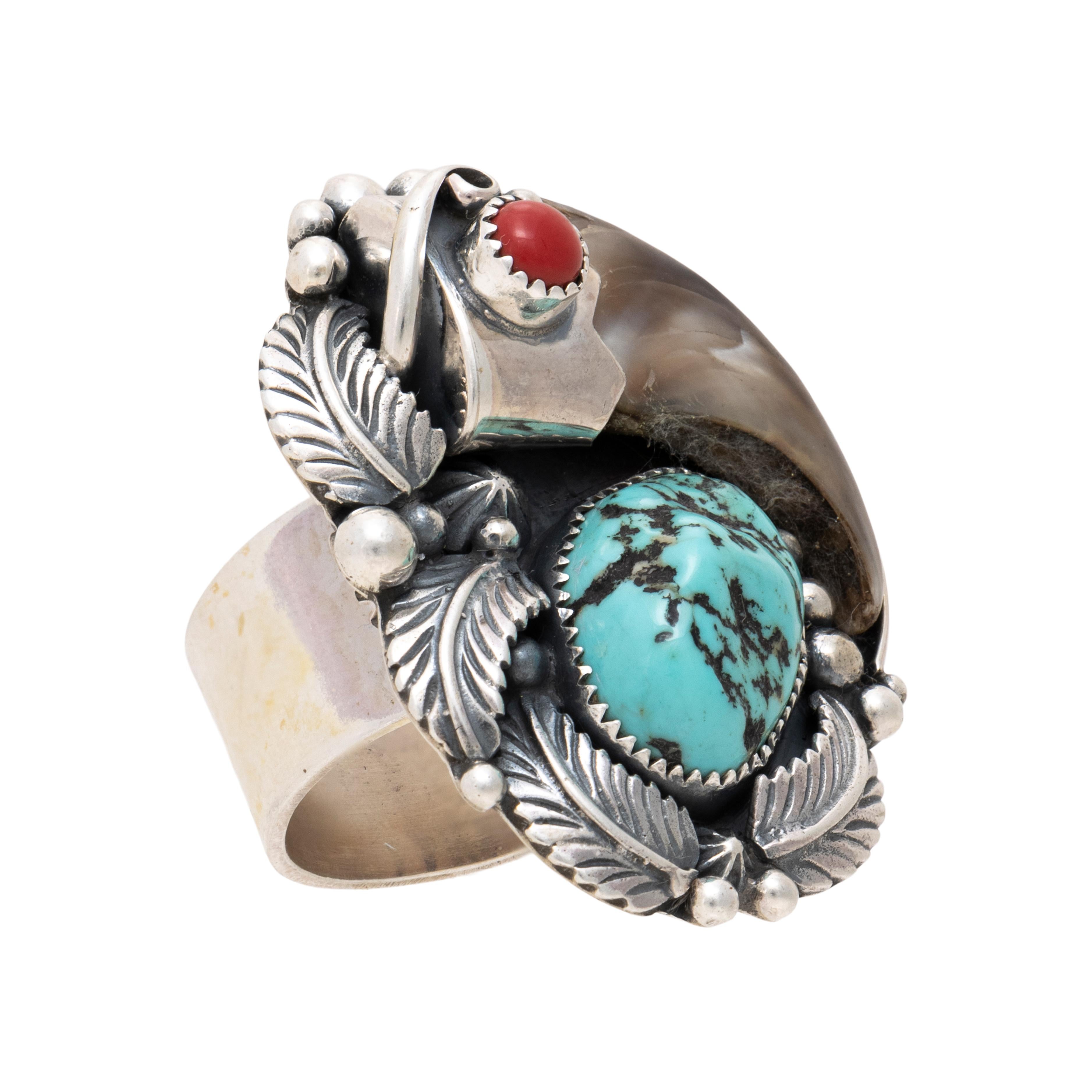 Old Mine Cut Navajo Bear Claw and Turquoise Ring For Sale