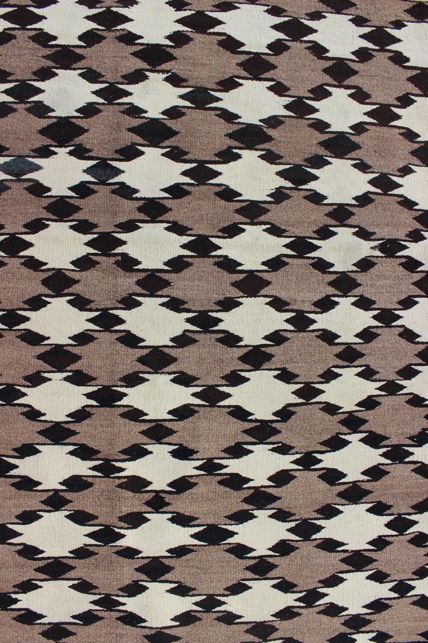 American Navajo Blanket in Tribal All over Design Design in Light Brown, Black, and Ivory For Sale