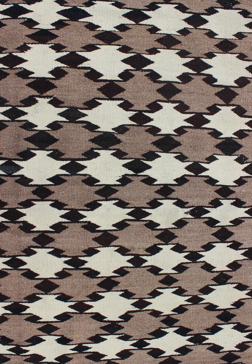 Hand-Woven Navajo Blanket in Tribal All over Design Design in Light Brown, Black, and Ivory For Sale