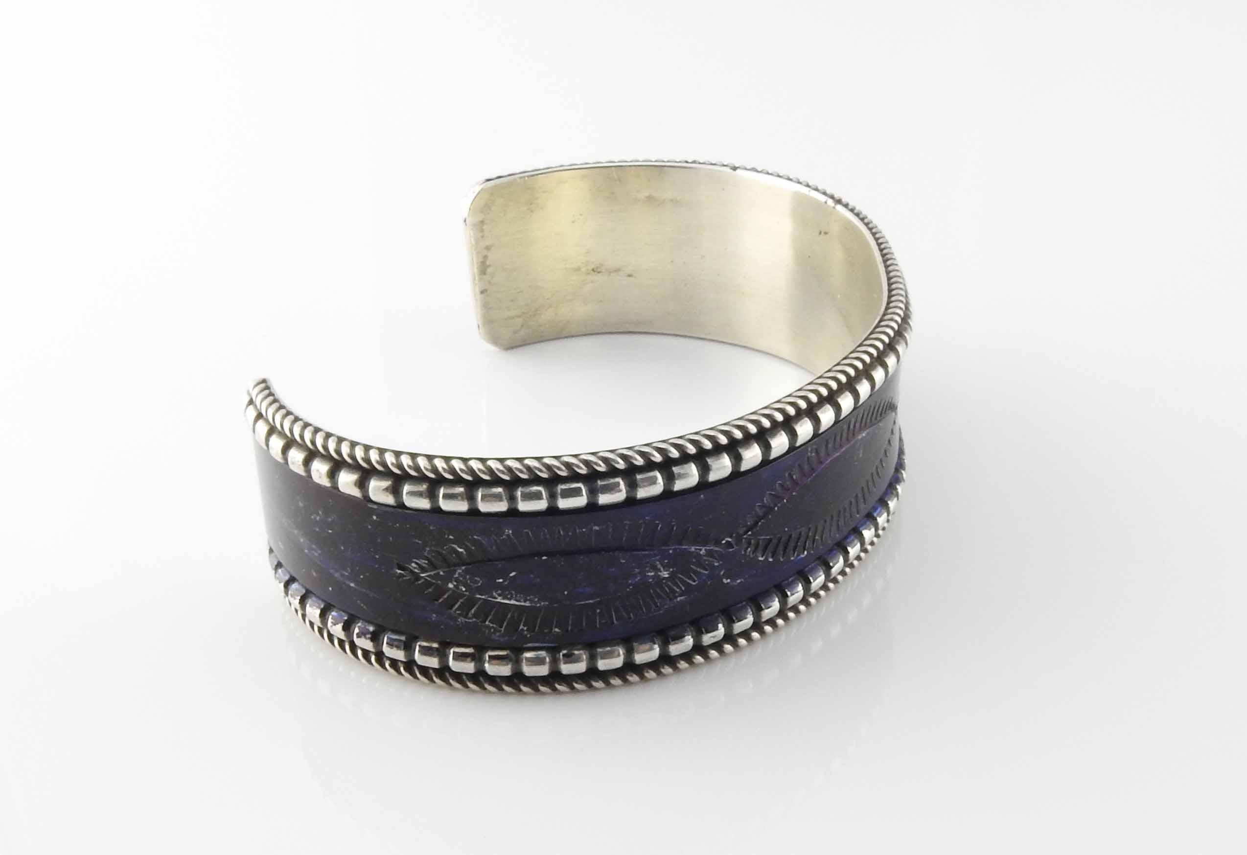 Navajo Celina Yazzie Sterling Silver Dark Purple Enamel Cuff Bracelet #6455 For Sale 2