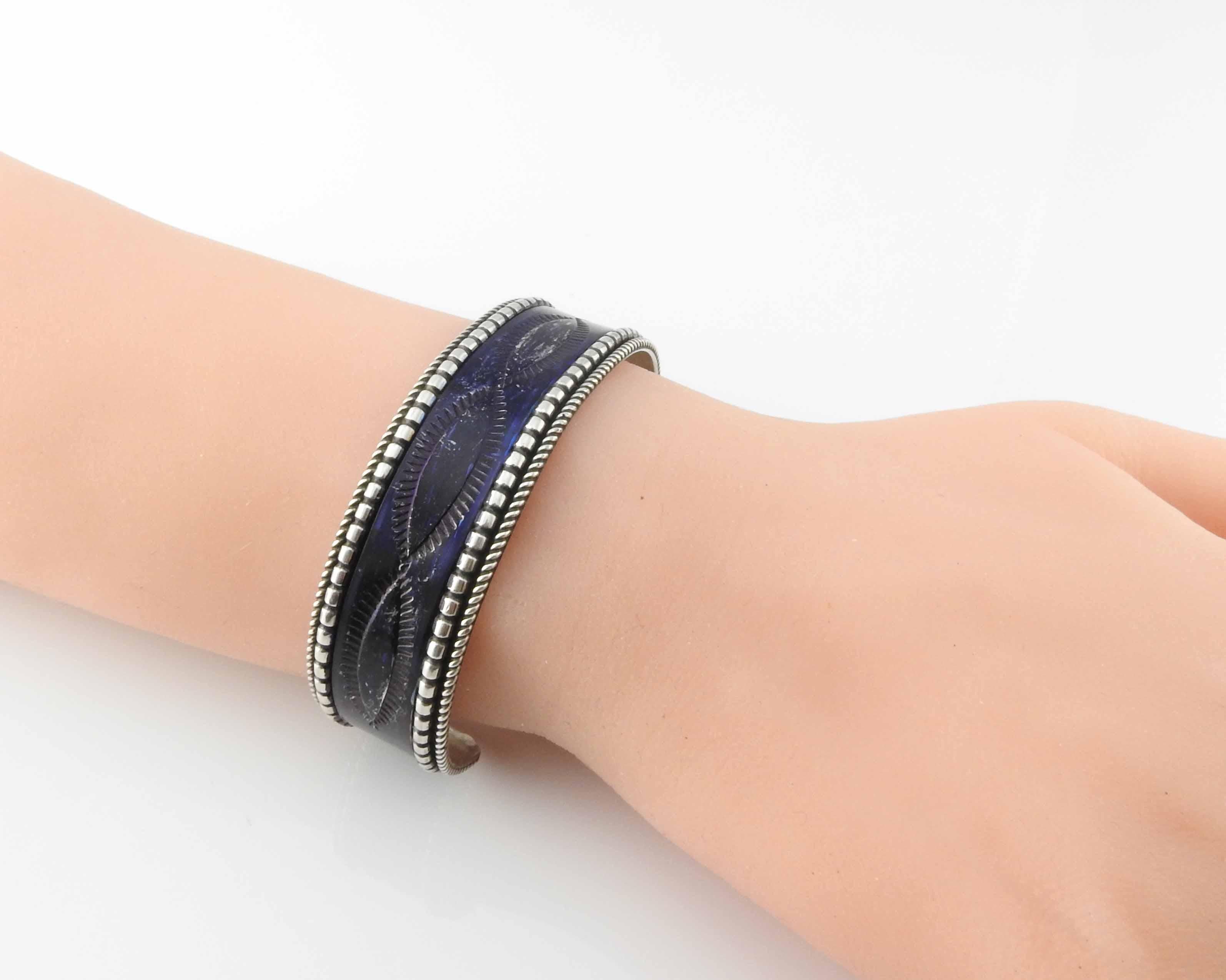 Navajo Celina Yazzie Sterling Silver Dark Purple Enamel Cuff Bracelet #6455 For Sale 3