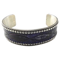 Vintage Navajo Celina Yazzie Sterling Silver Dark Purple Enamel Cuff Bracelet #6455