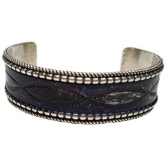 Navajo Celina Yazzie Sterling Silver Dark Purple Enamel Cuff Bracelet