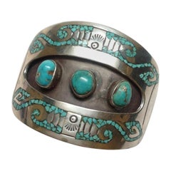 Navajo Charlie John Silver Cuff Bracelet with Inlay and Three Turquoise