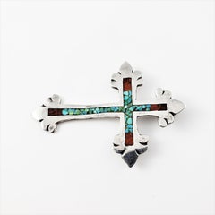 Navajo Charlie Singer Crushed Turquoise and Coral Silver Cross Pendant