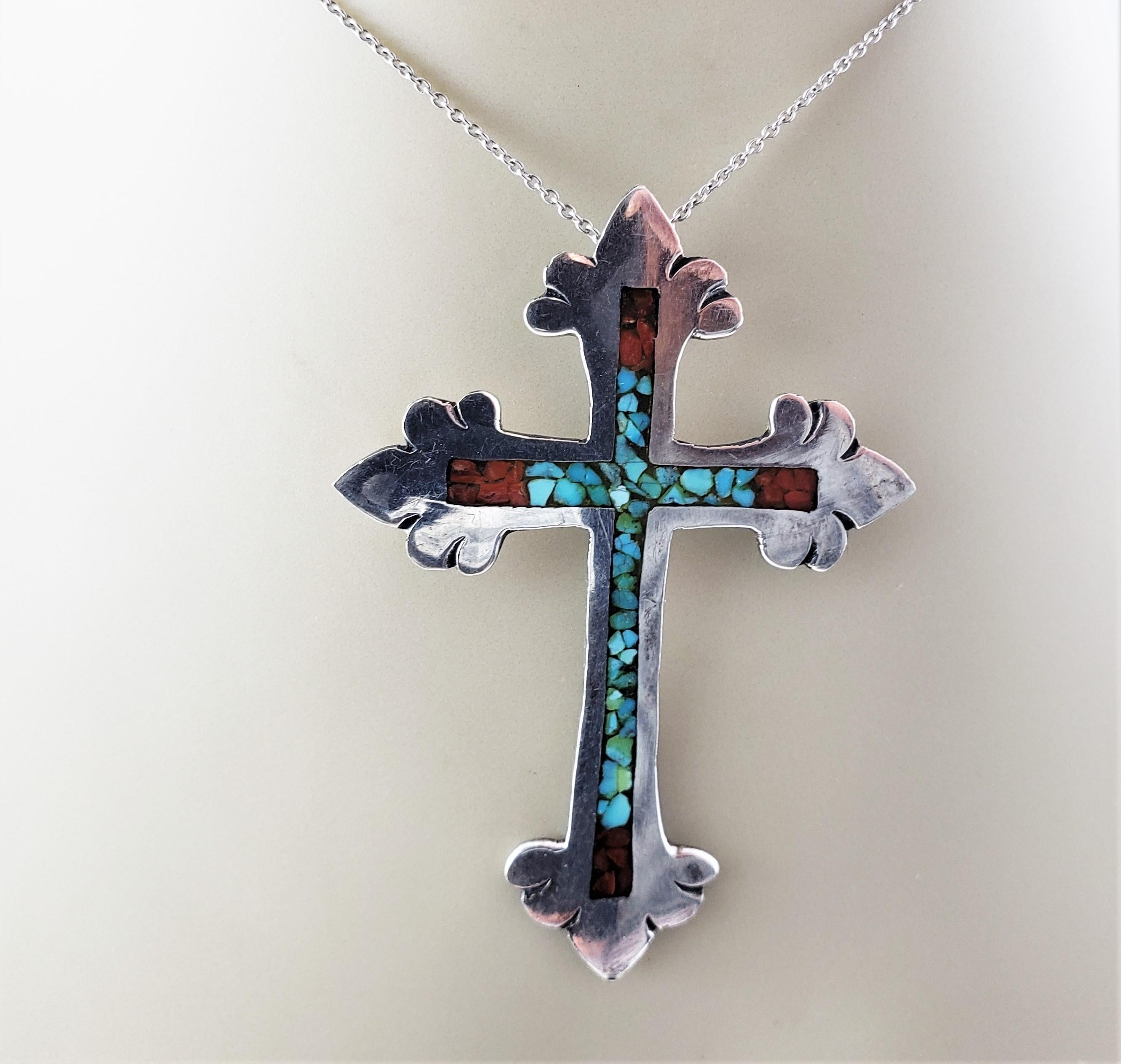 Native American Navajo Charlie Singer Crushed Turquoise and Coral Silver Cross Pendant