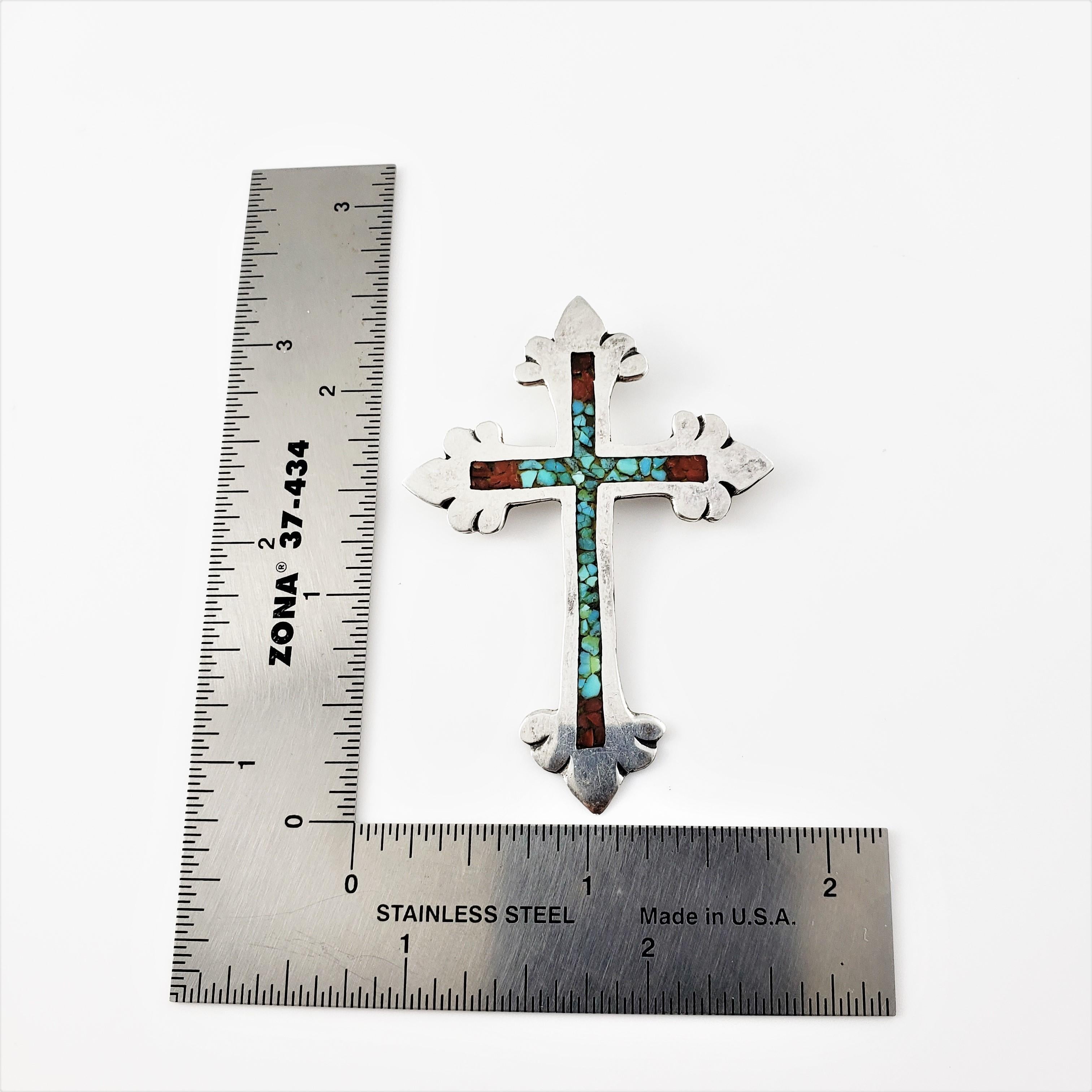 Mixed Cut Navajo Charlie Singer Crushed Turquoise and Coral Silver Cross Pendant