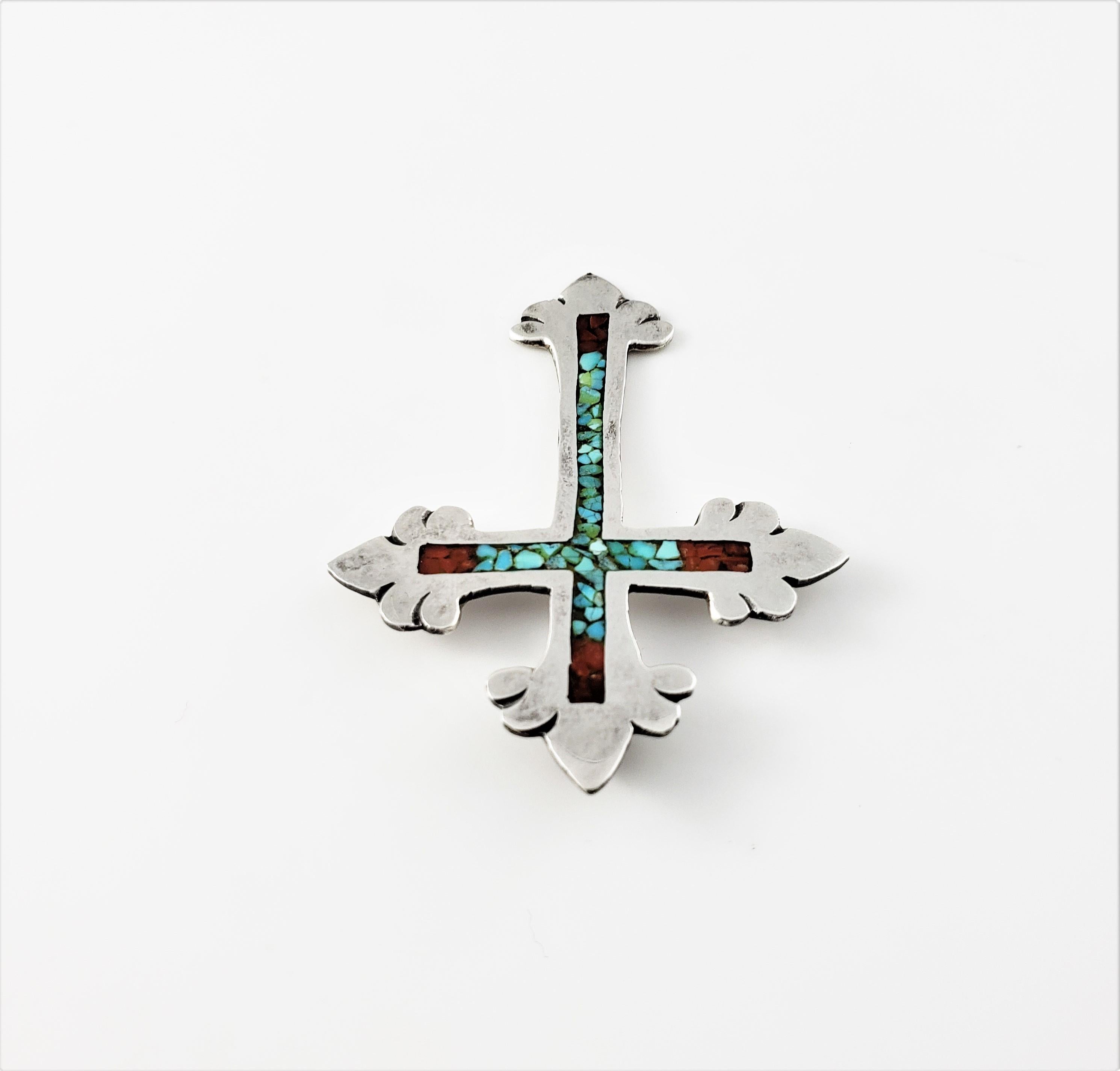 Navajo Charlie Singer Crushed Turquoise and Coral Silver Cross Pendant In Good Condition In Washington Depot, CT