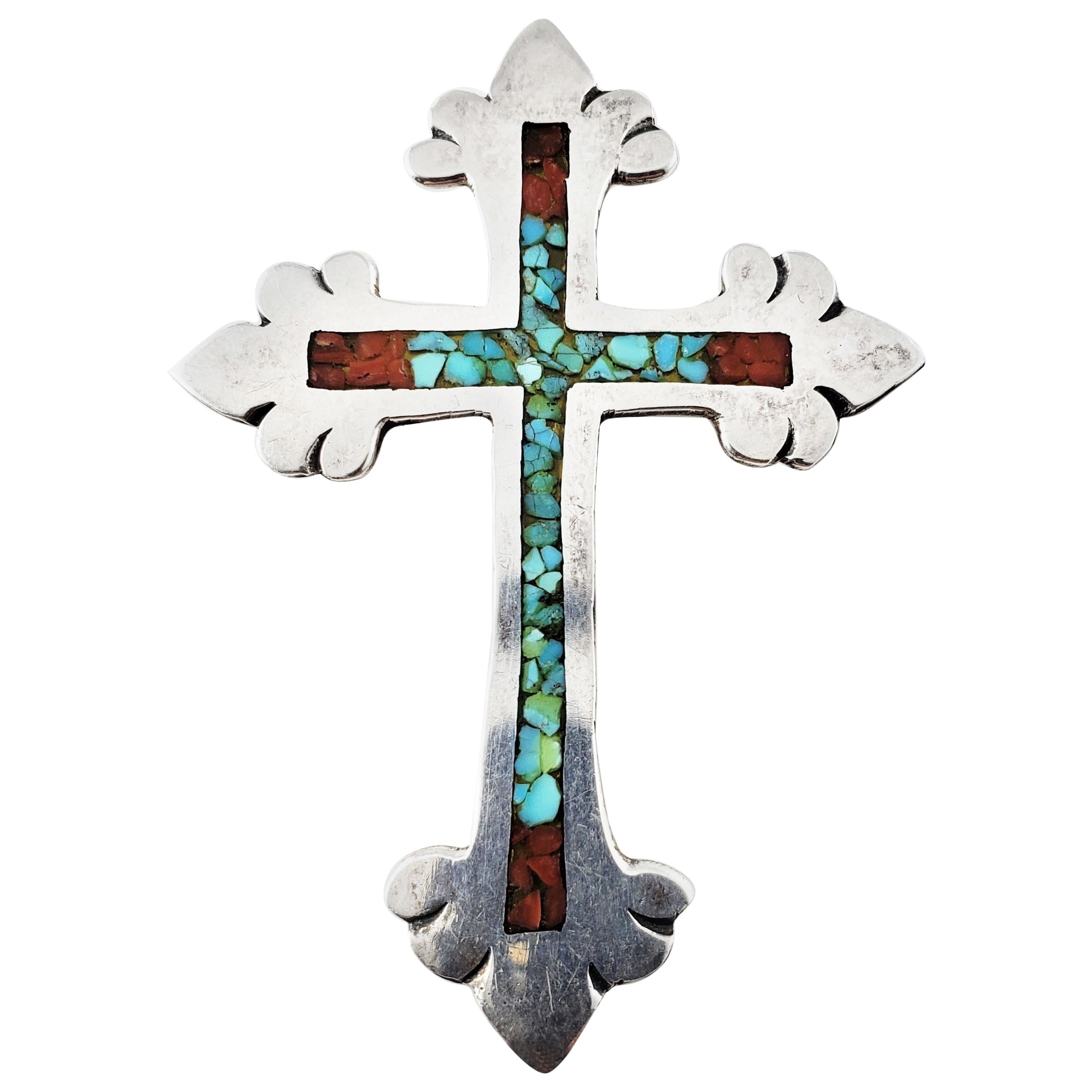 Navajo Charlie Singer Crushed Turquoise and Coral Silver Cross Pendant
